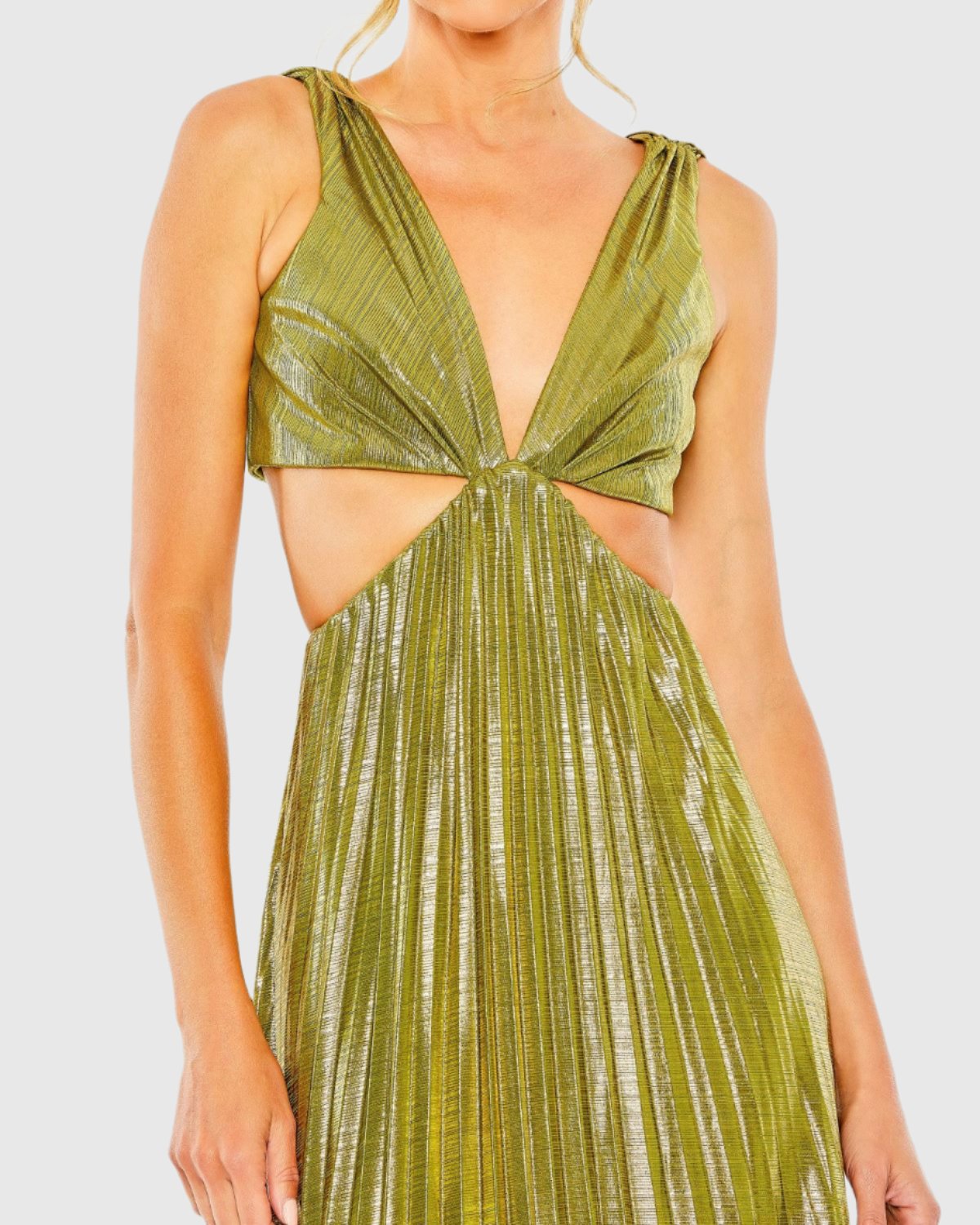 Green Pleated Metallic Cutout Gown-Myartka