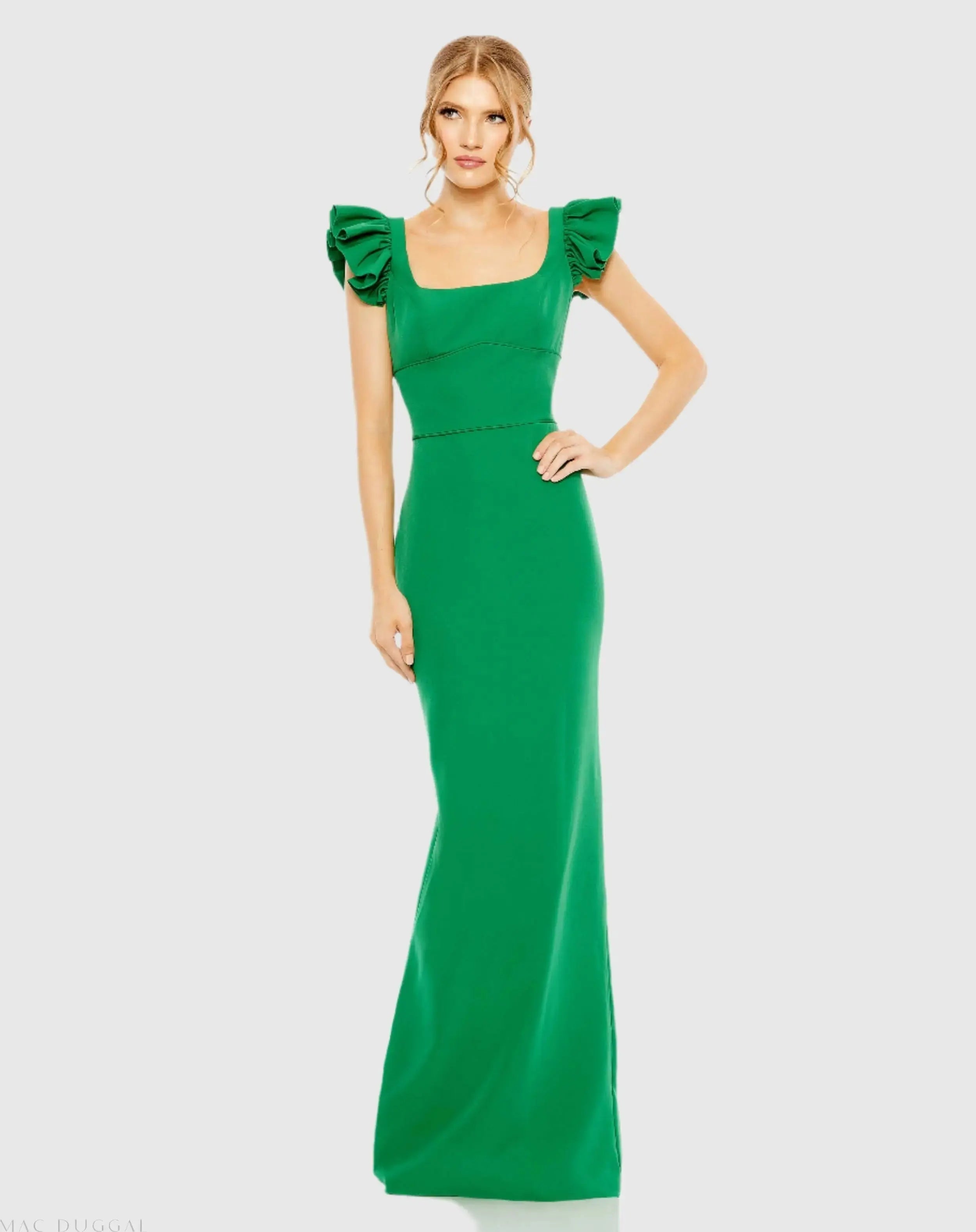 Green Ruffle Cap Sleeve Open Back Column Gown-Myartka