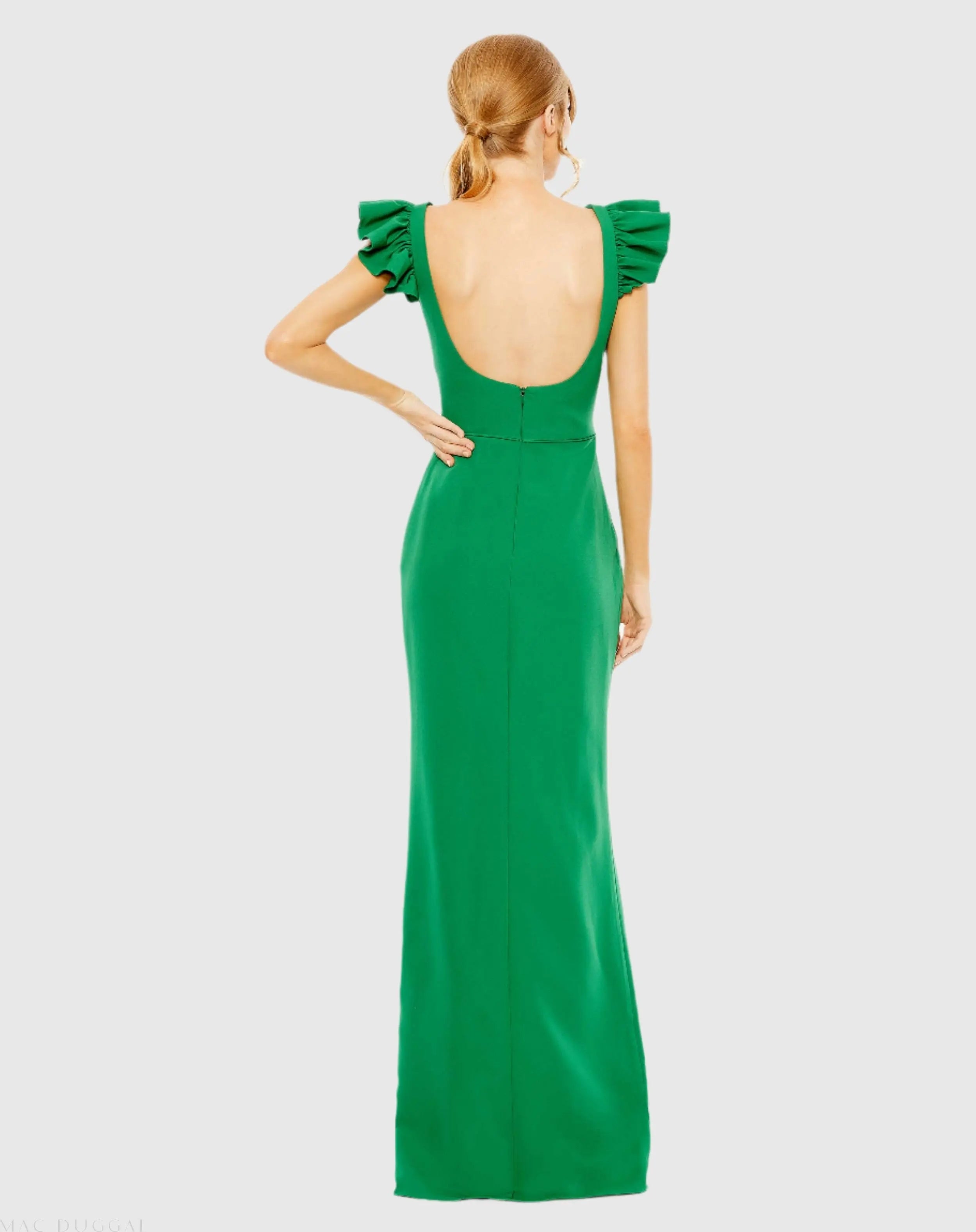 Green Ruffle Cap Sleeve Open Back Column Gown-Myartka