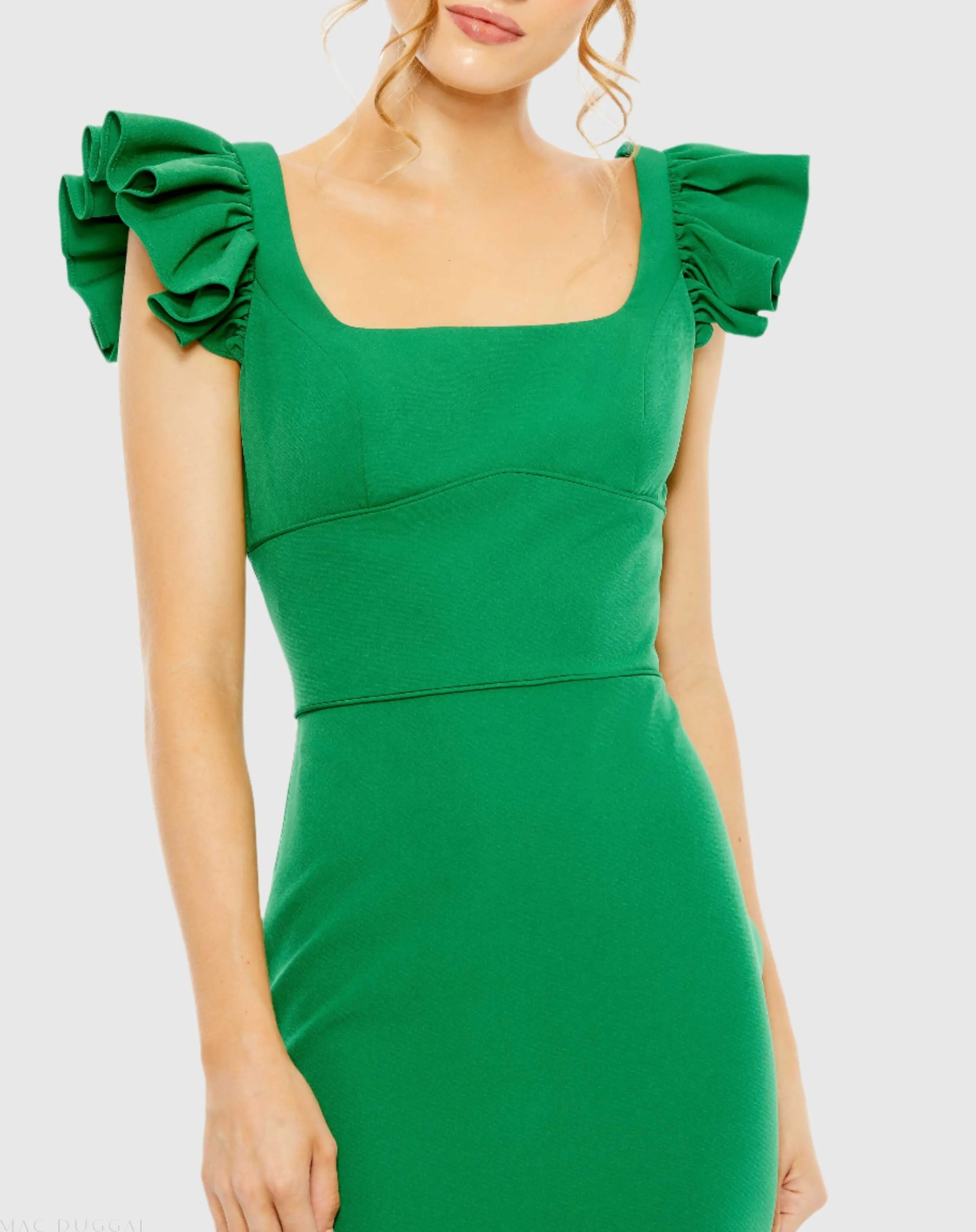 Green Ruffle Cap Sleeve Open Back Column Gown-Myartka