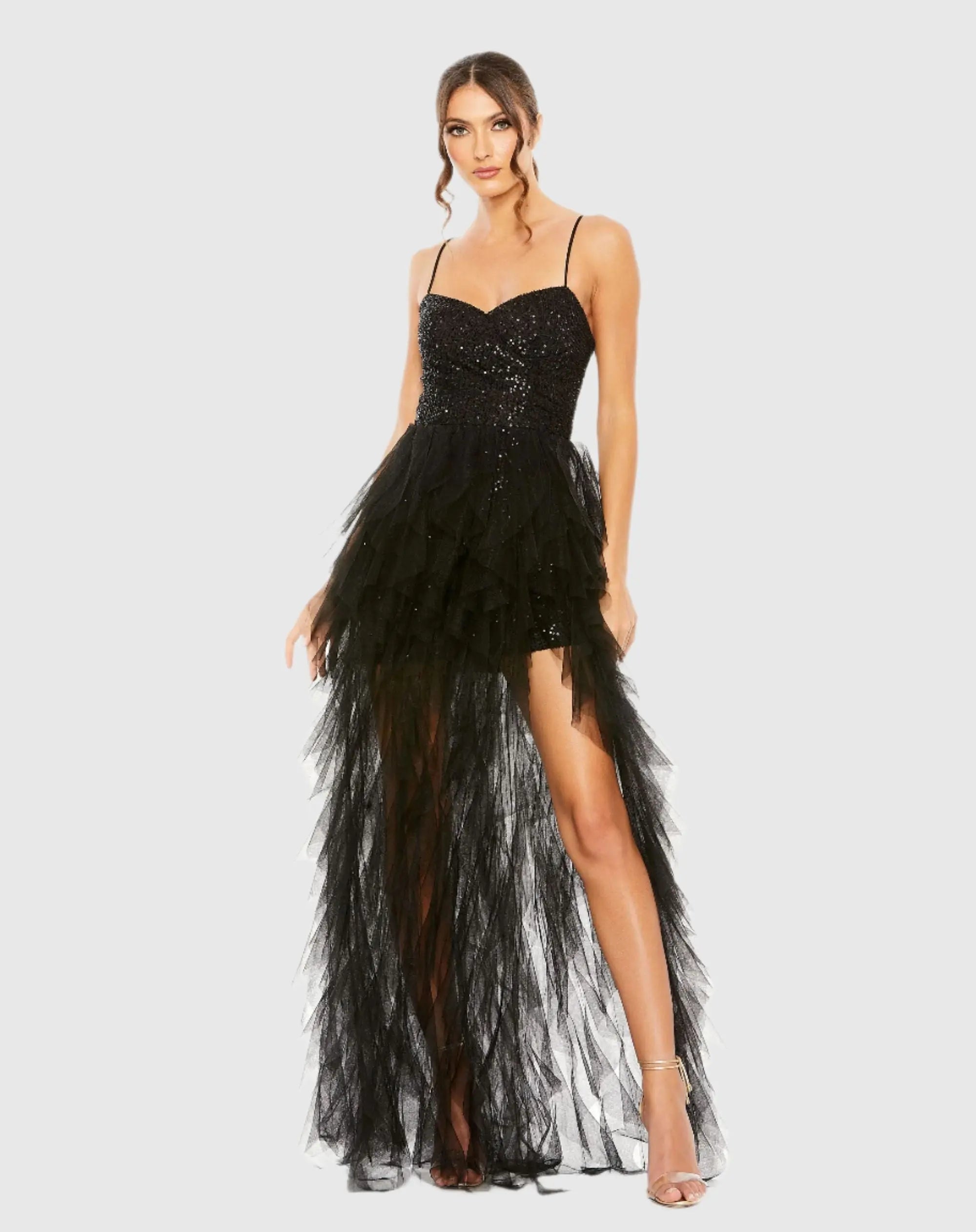 Black Sequin A-Line Dress with High-Low Ruffle Skirt-Myartka