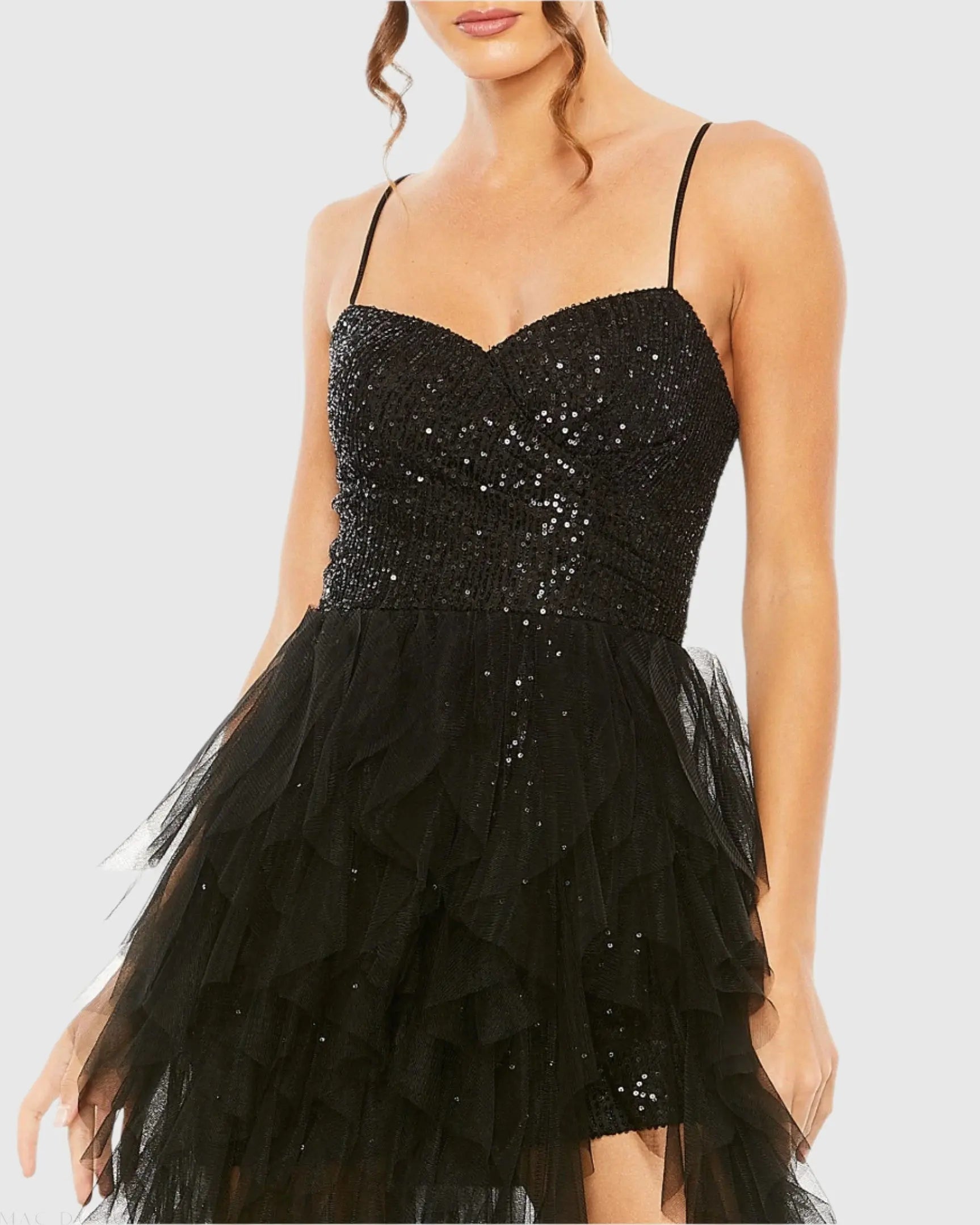 Black Sequin A-Line Dress with High-Low Ruffle Skirt-Myartka