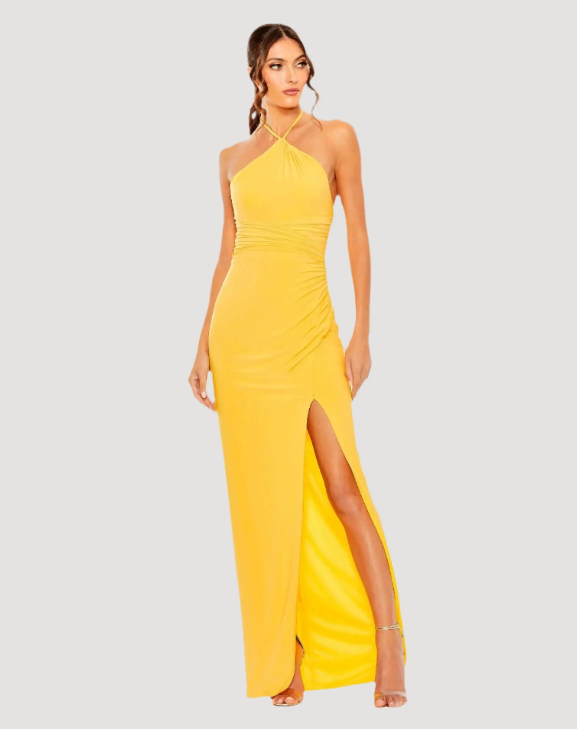 Yellow Halter Neck Ruched Side Front Slit Gown-Myartka