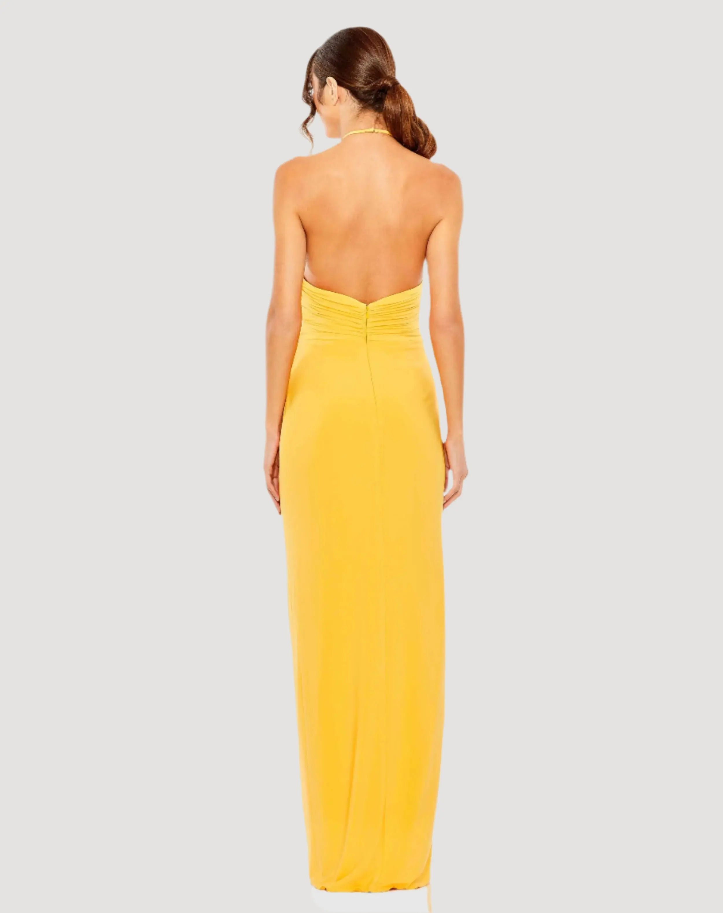 Yellow Halter Neck Ruched Side Front Slit Gown-Myartka