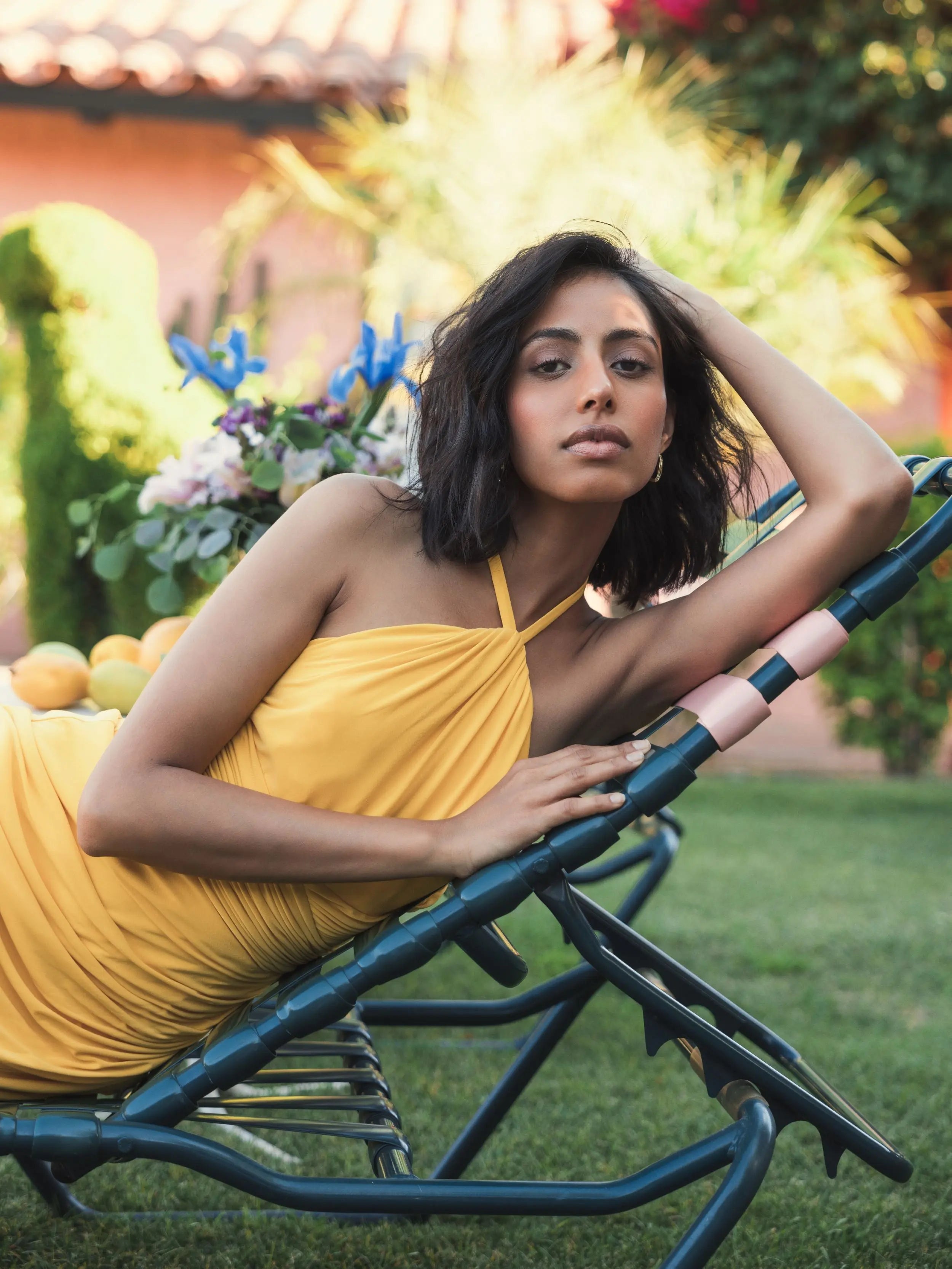 Yellow Halter Neck Ruched Side Front Slit Gown-Myartka