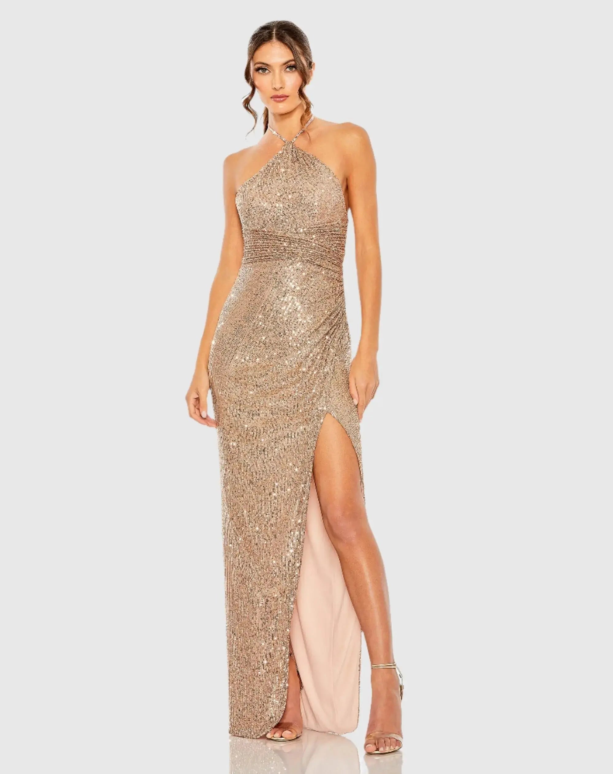 Gold Halter Neck Ruched Side Front Slit Sequin Gown-Myartka