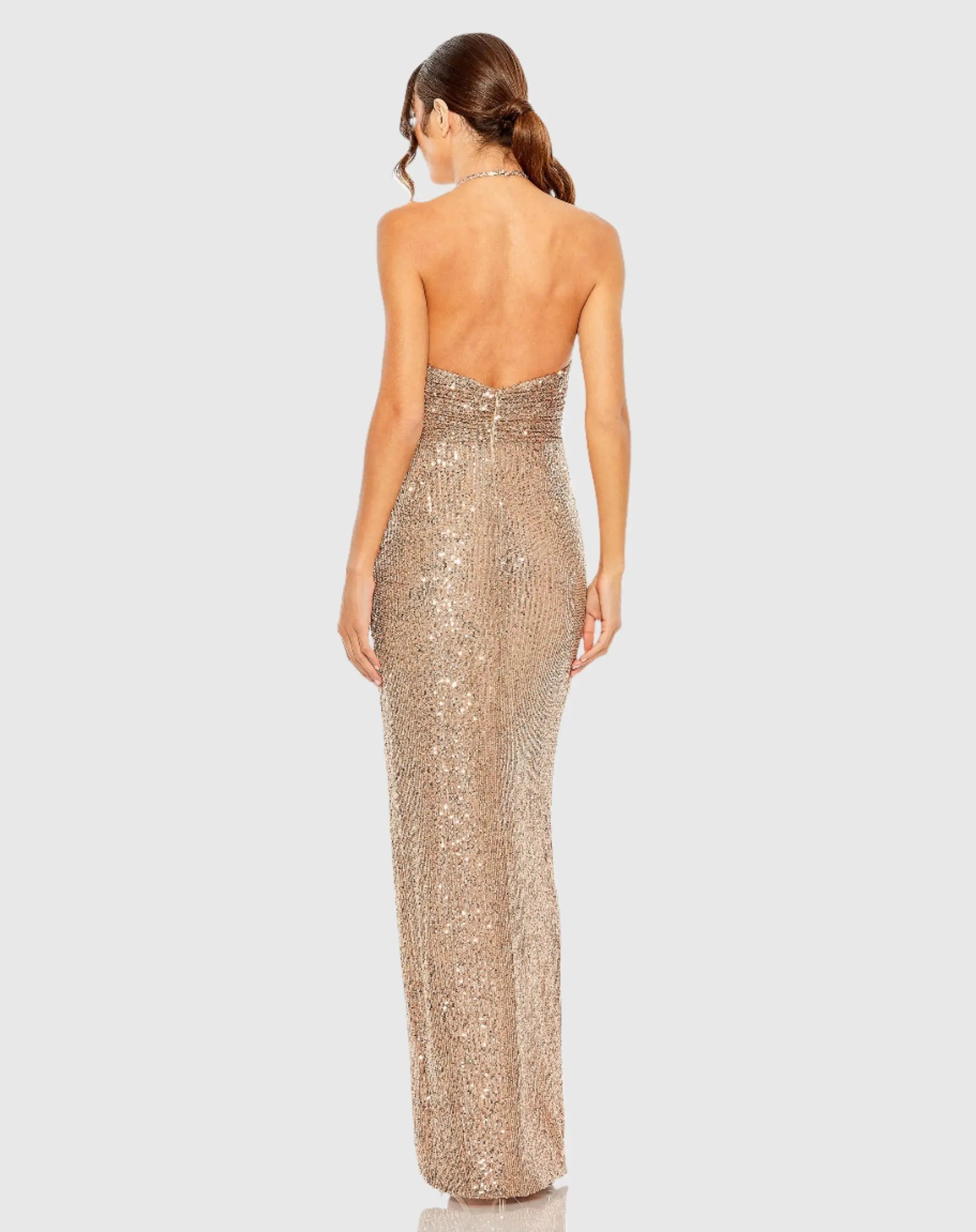 Gold Halter Neck Ruched Side Front Slit Sequin Gown-Myartka
