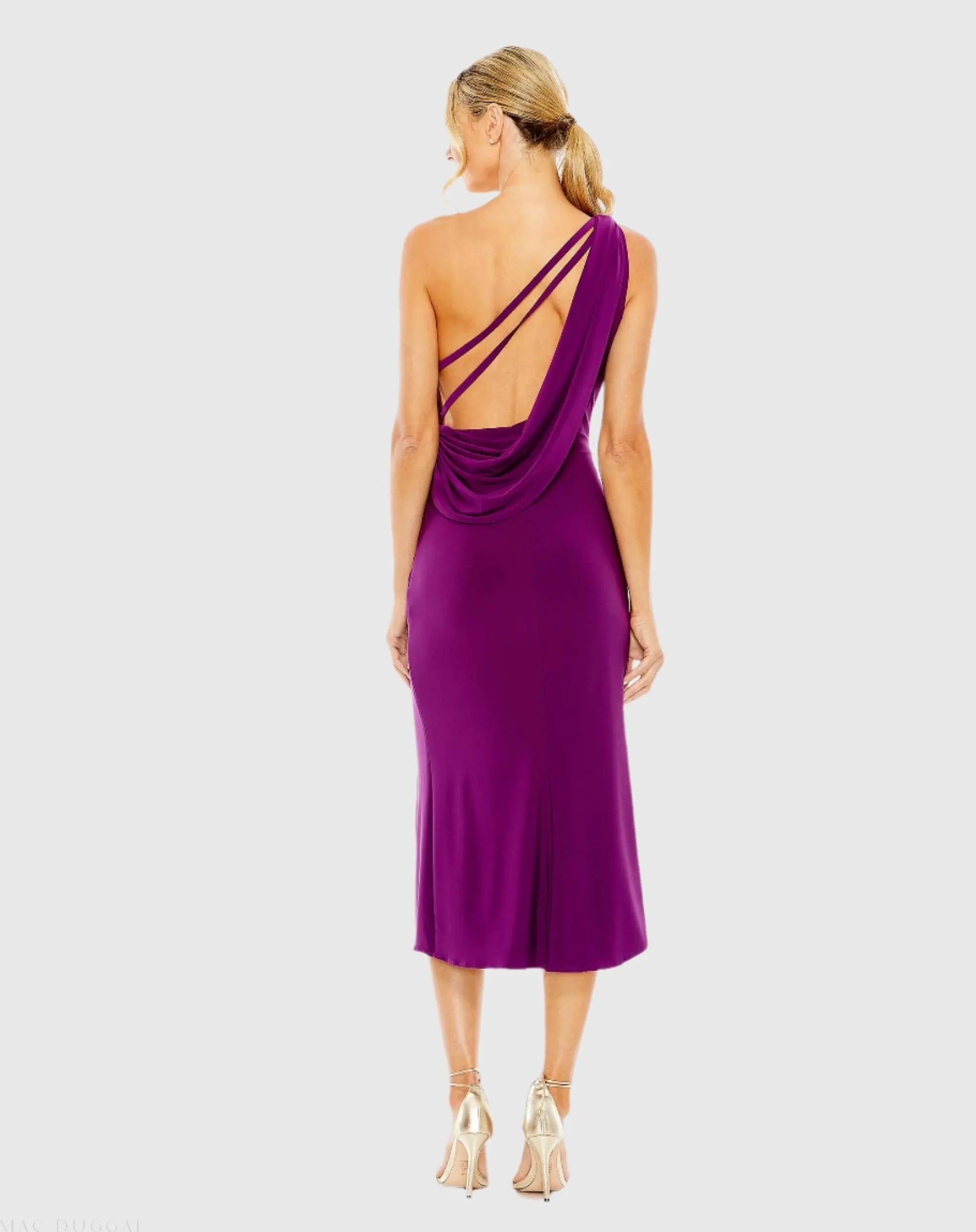 Purple One Shoulder Cowl Back Jersey Midi Dress-Myartka