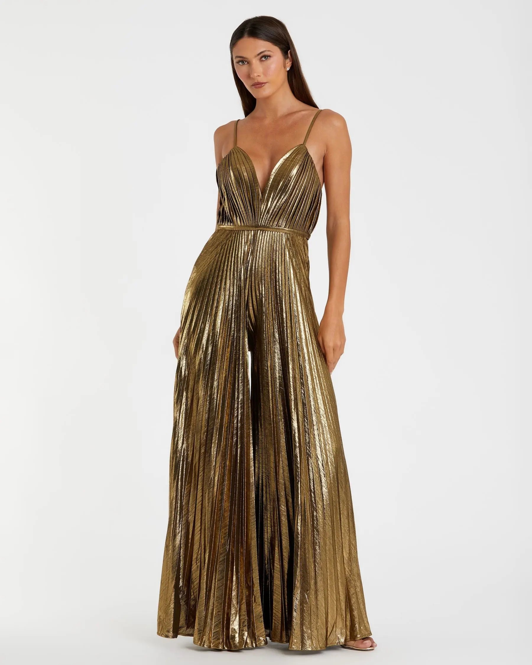 Gold Metallic Pleated V-Neck Jumpsuit-Myartka