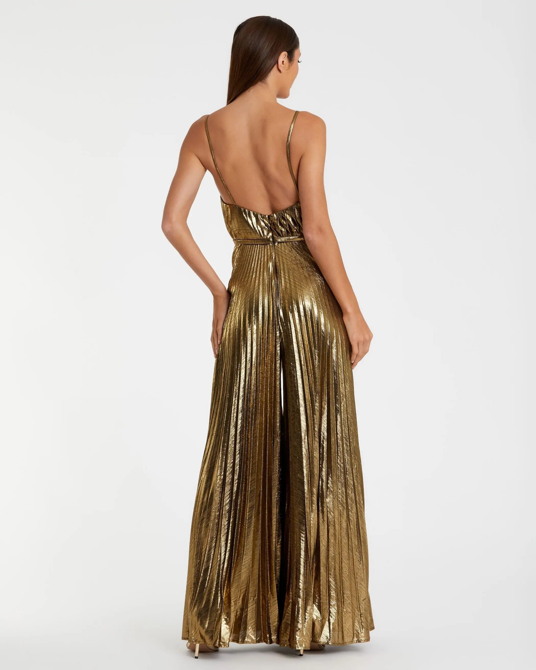 Gold Metallic Pleated V-Neck Jumpsuit-Myartka