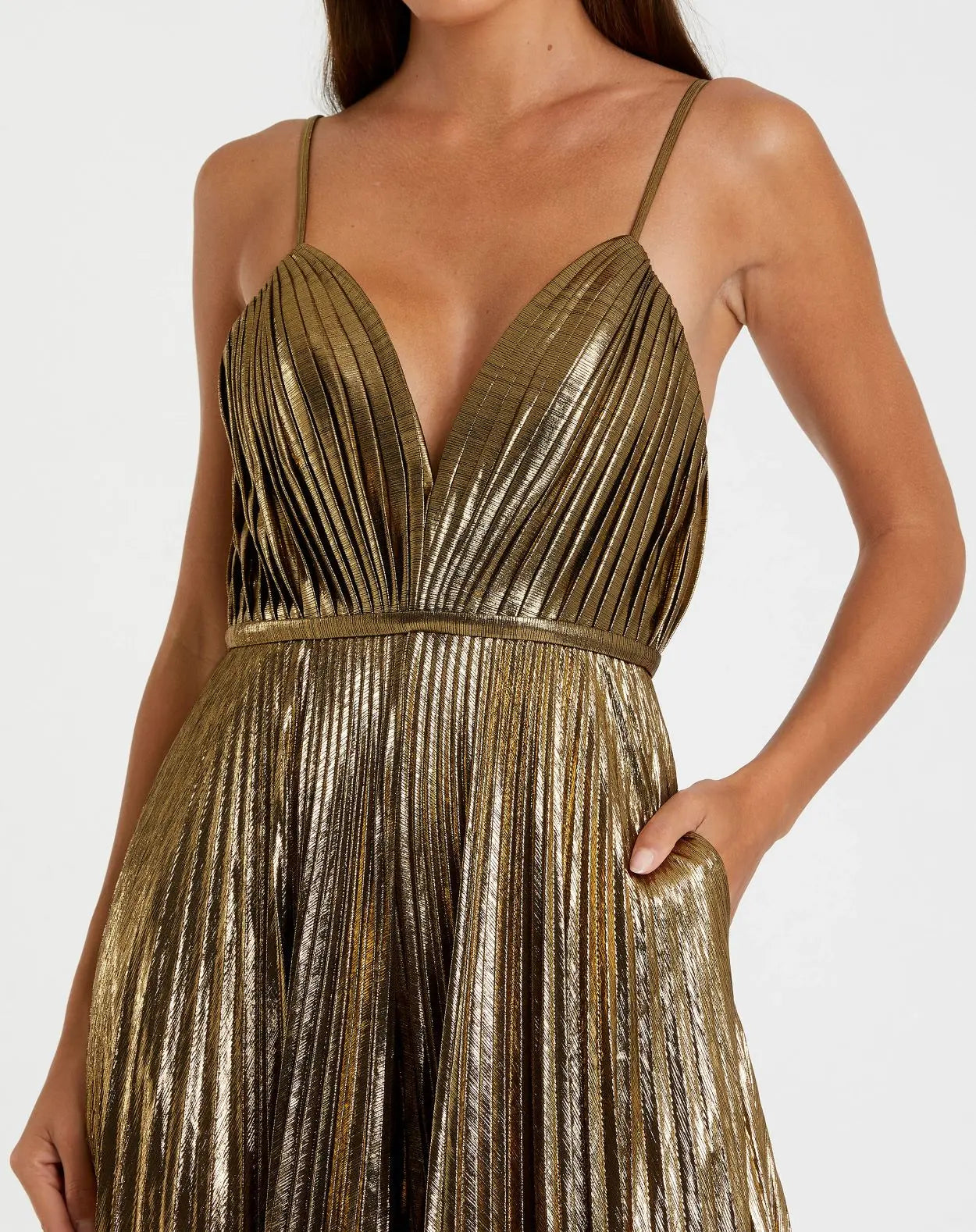 Gold Metallic Pleated V-Neck Jumpsuit-Myartka