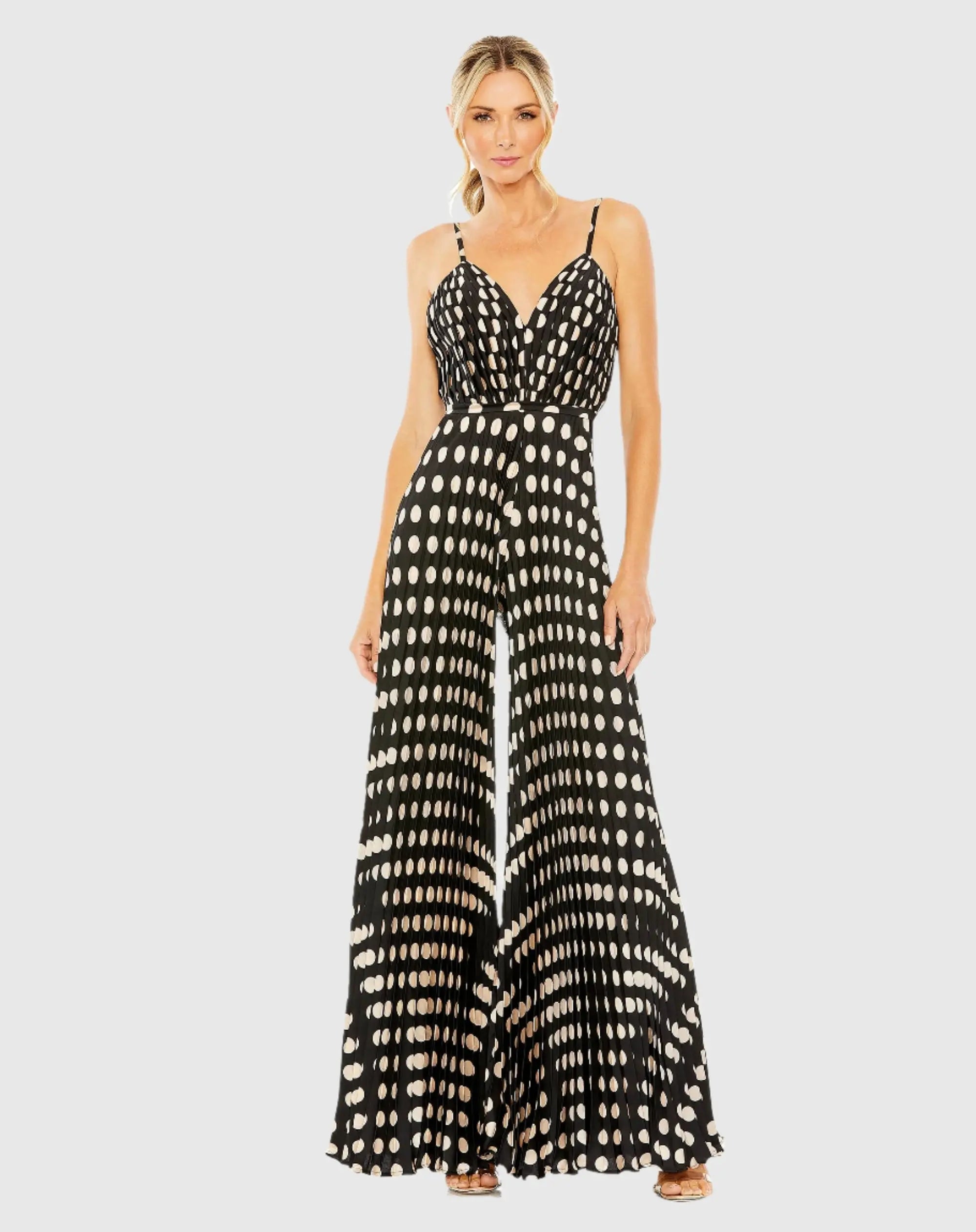 Black Pleated Charmeuse Polka Dot V-Neck Jumpsuit-Myartka