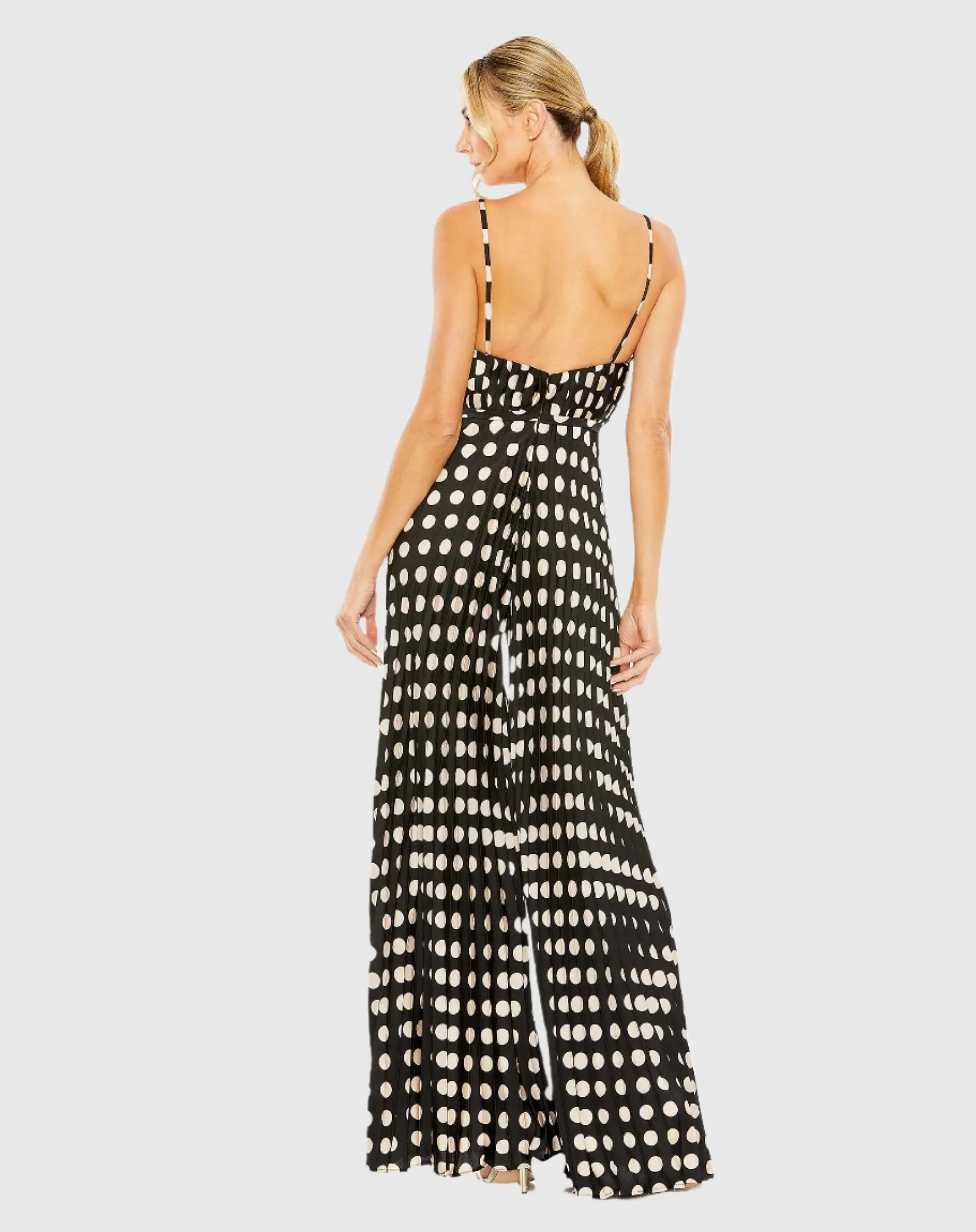 Black Pleated Charmeuse Polka Dot V-Neck Jumpsuit-Myartka