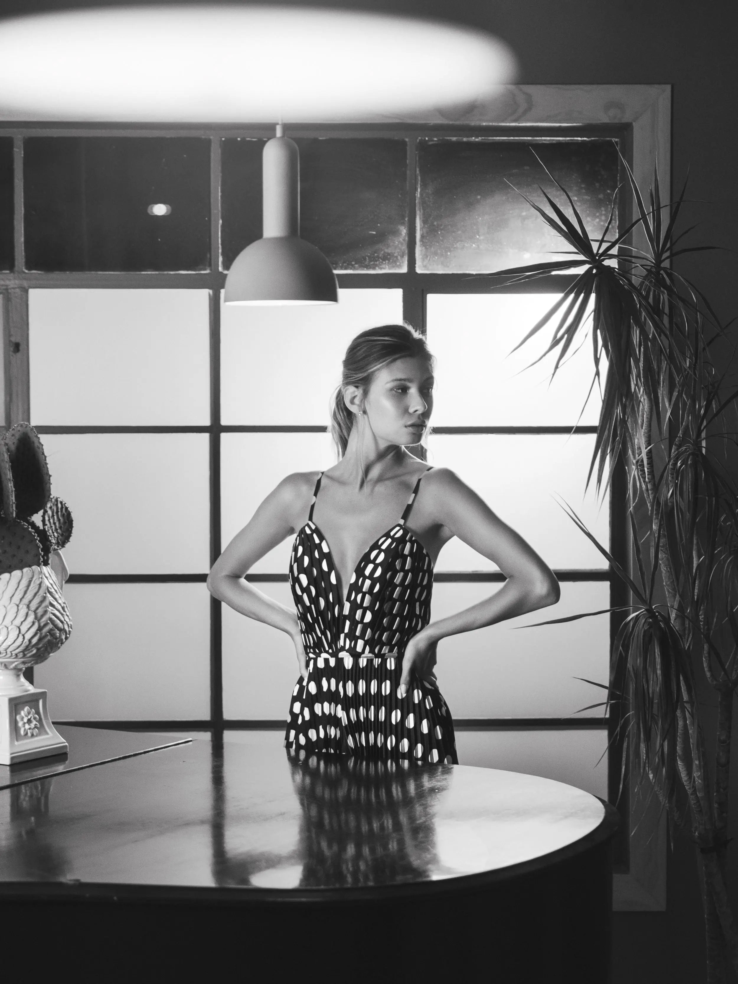 Black Pleated Charmeuse Polka Dot V-Neck Jumpsuit-Myartka