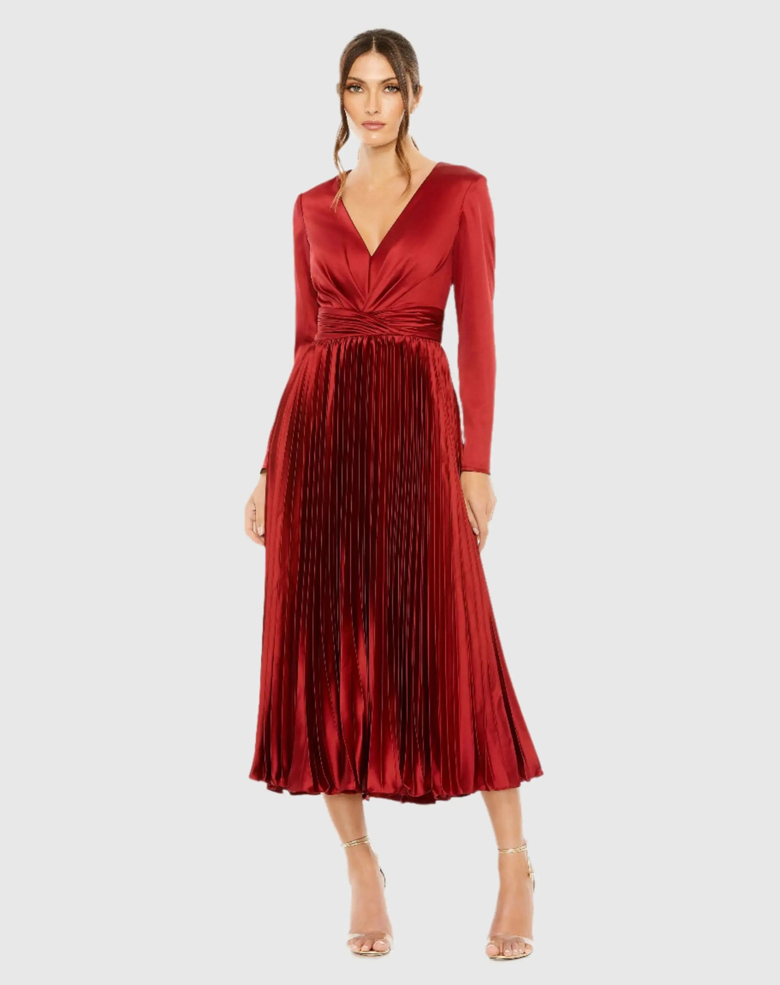Deep Red Pleated Long Sleeve V-Neck Dress-Myartka