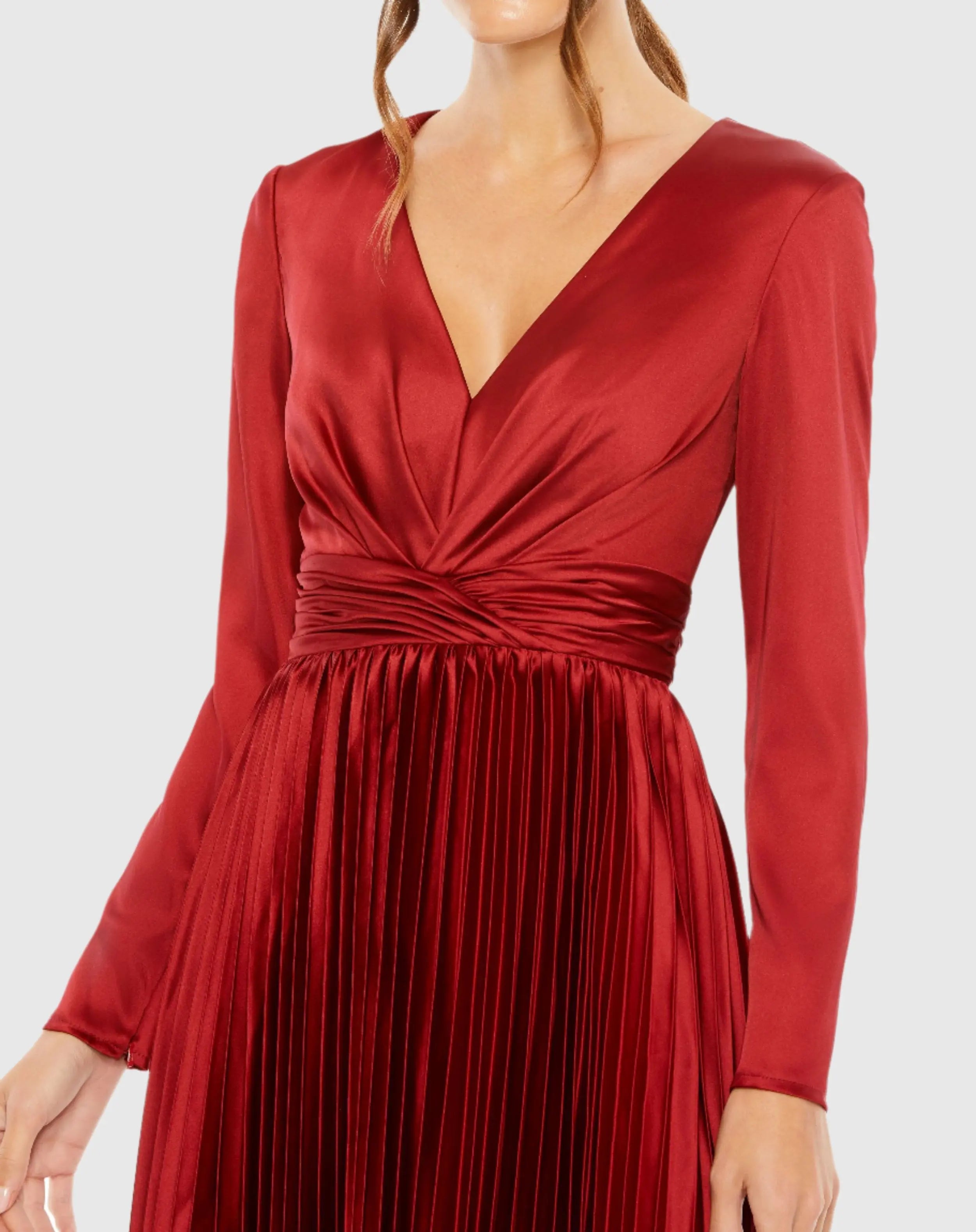 Deep Red Pleated Long Sleeve V-Neck Dress-Myartka