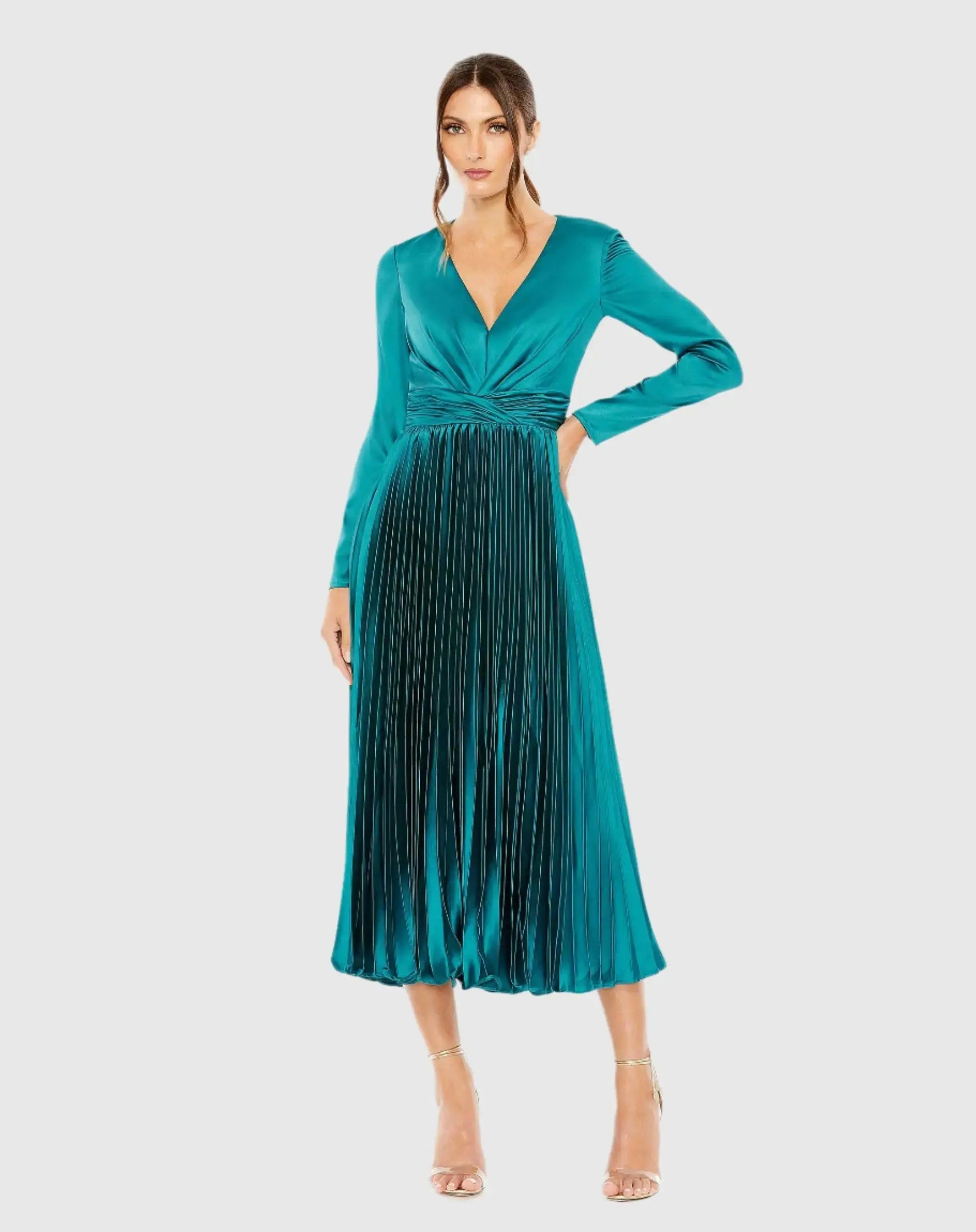 Blue Pleated Long Sleeve V-Neck Dress-Myartka
