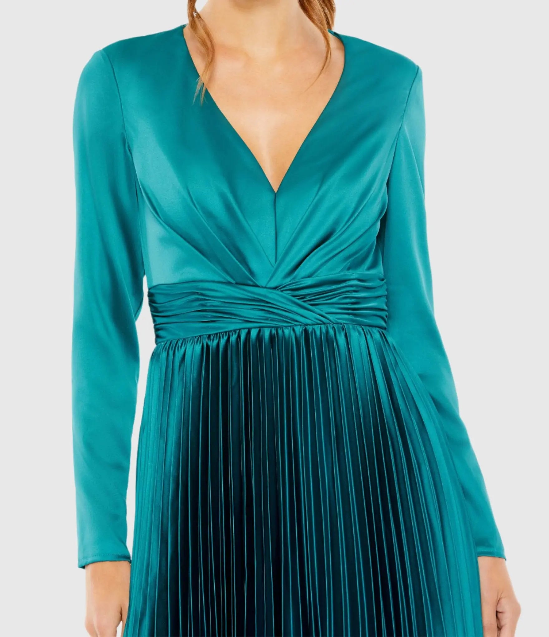 Blue Pleated Long Sleeve V-Neck Dress-Myartka