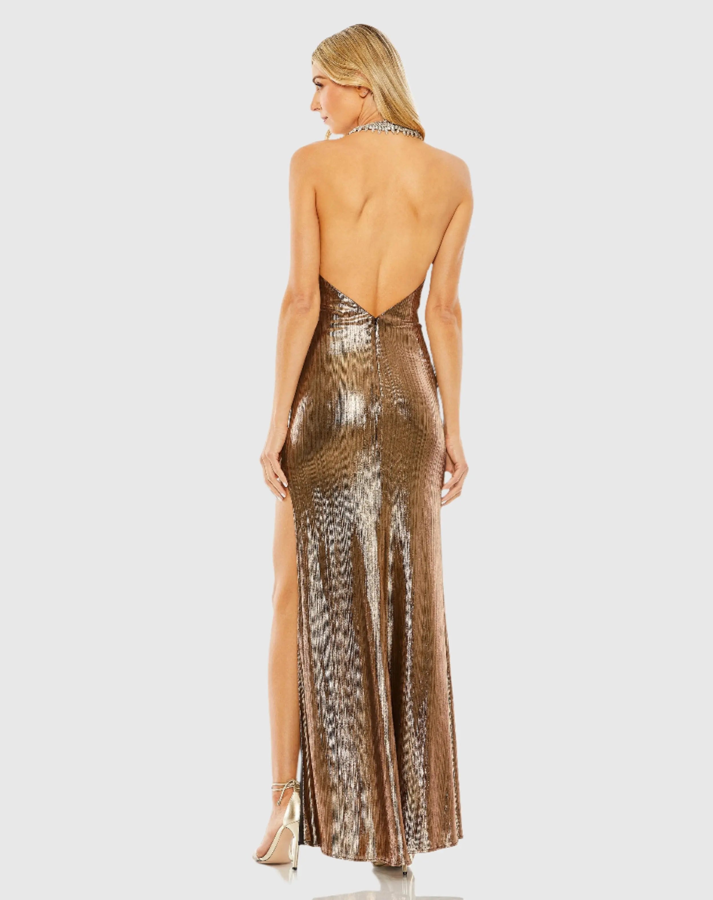 Gold High Neck Crystal Detail Metallic Slit Gown - FINAL SALE-Myartka
