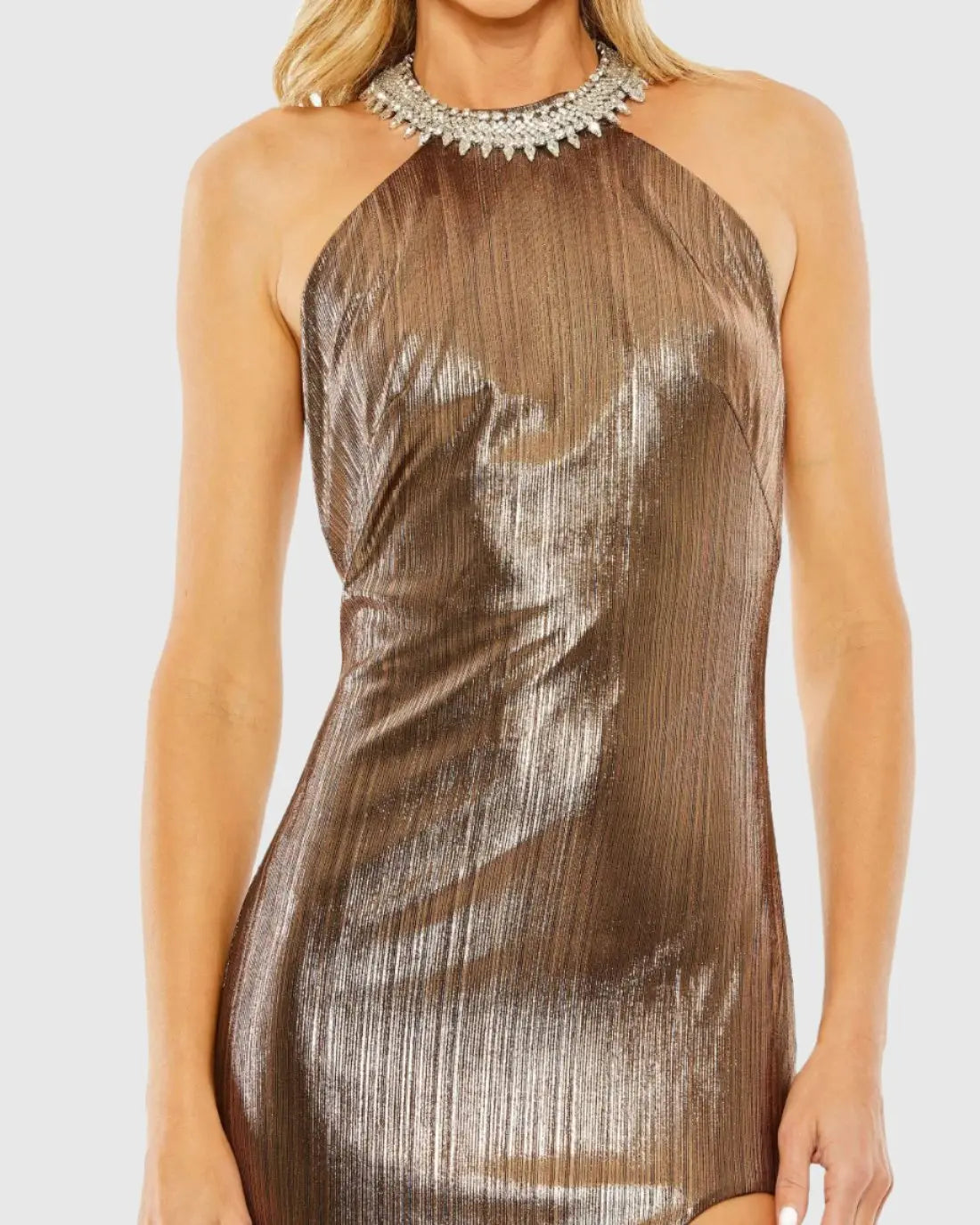 Gold High Neck Crystal Detail Metallic Slit Gown - FINAL SALE-Myartka