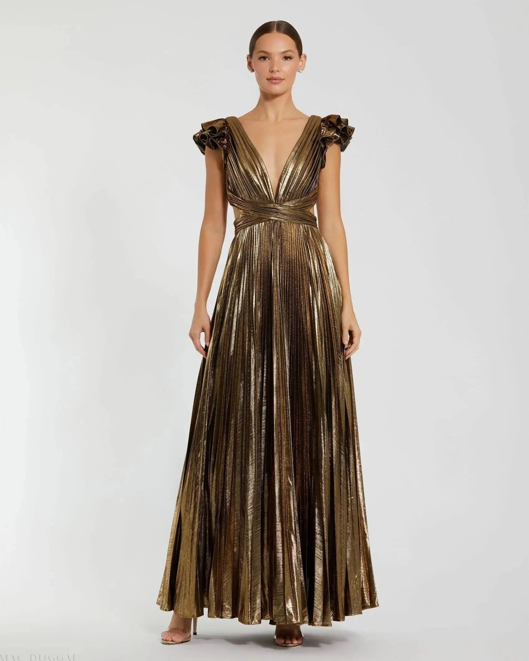 Gold Ruffle Sleeve Cutout Pleated Metallic Gown-Myartka