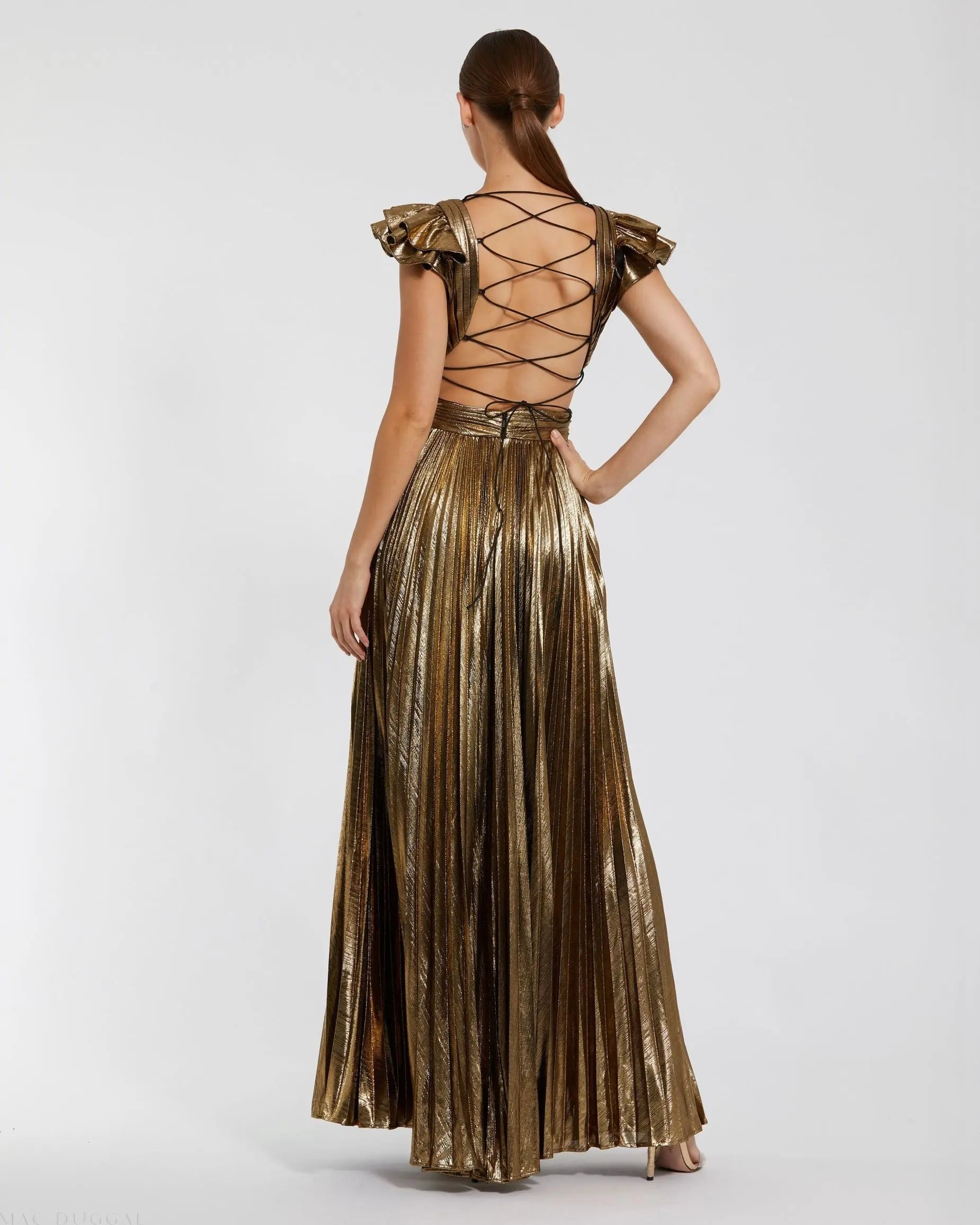 Gold Ruffle Sleeve Cutout Pleated Metallic Gown-Myartka