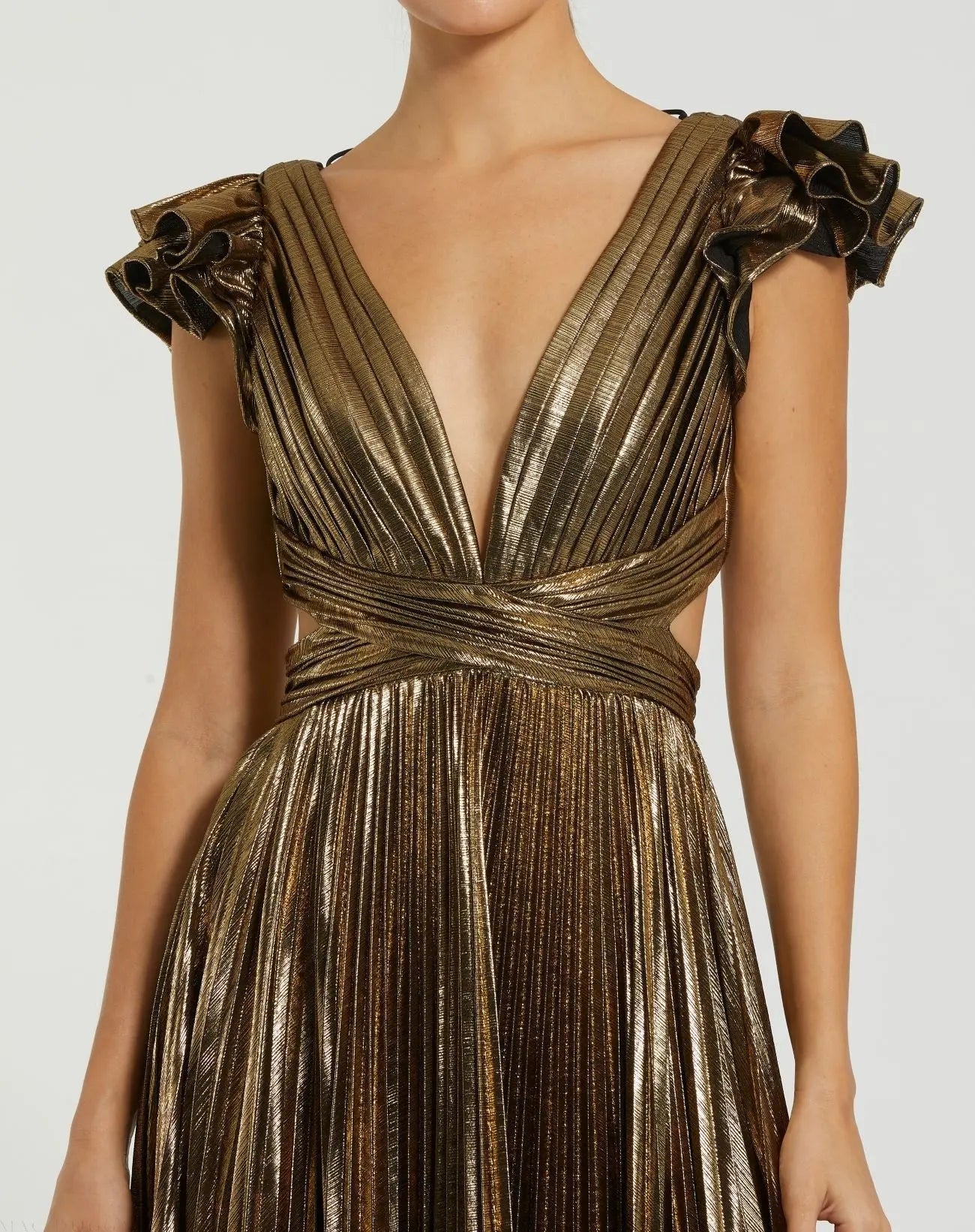Gold Ruffle Sleeve Cutout Pleated Metallic Gown-Myartka