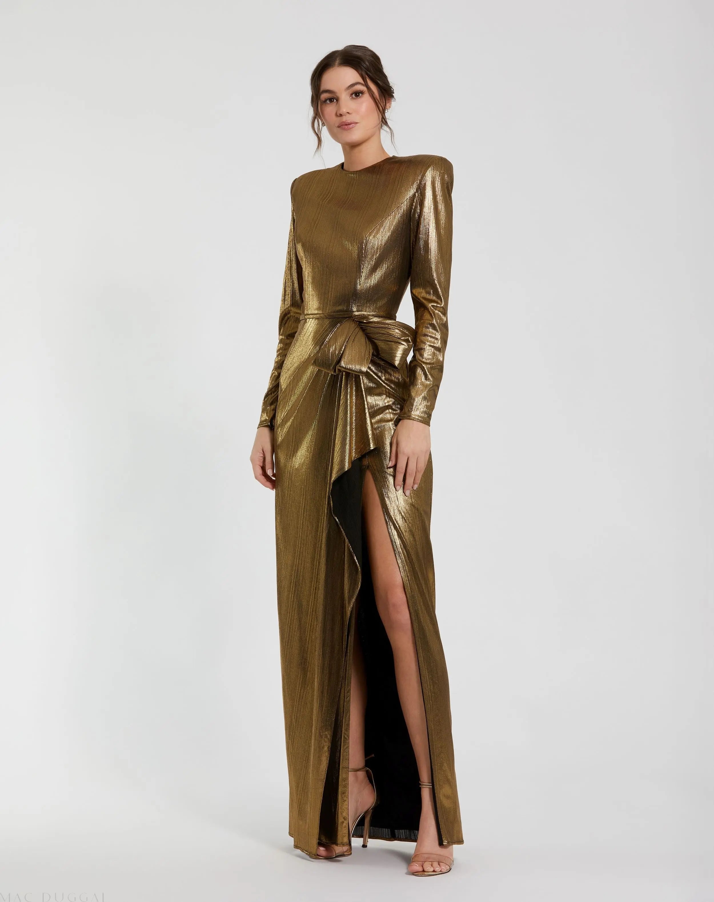 Gold Metallic Long Sleeve Gown With Bow-Myartka