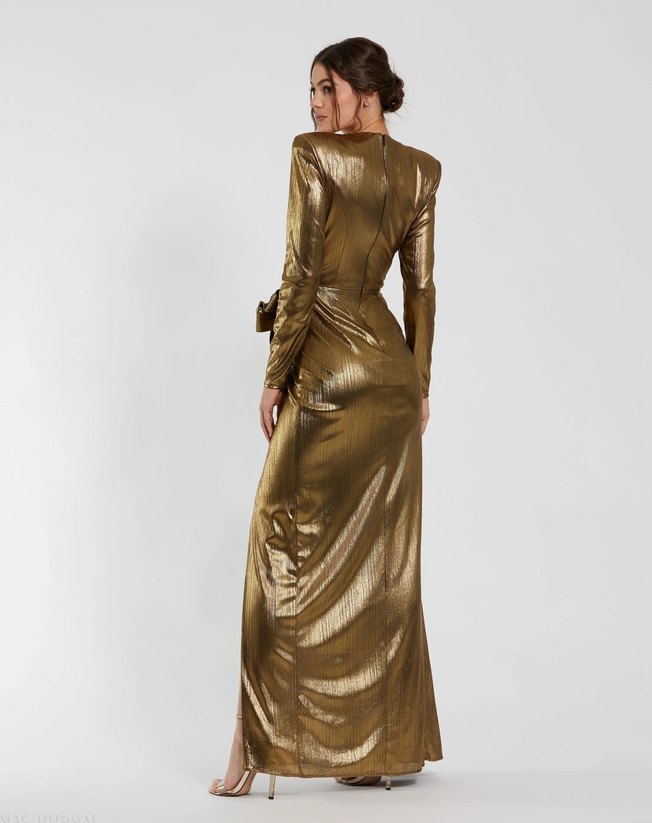 Gold Metallic Long Sleeve Gown With Bow-Myartka