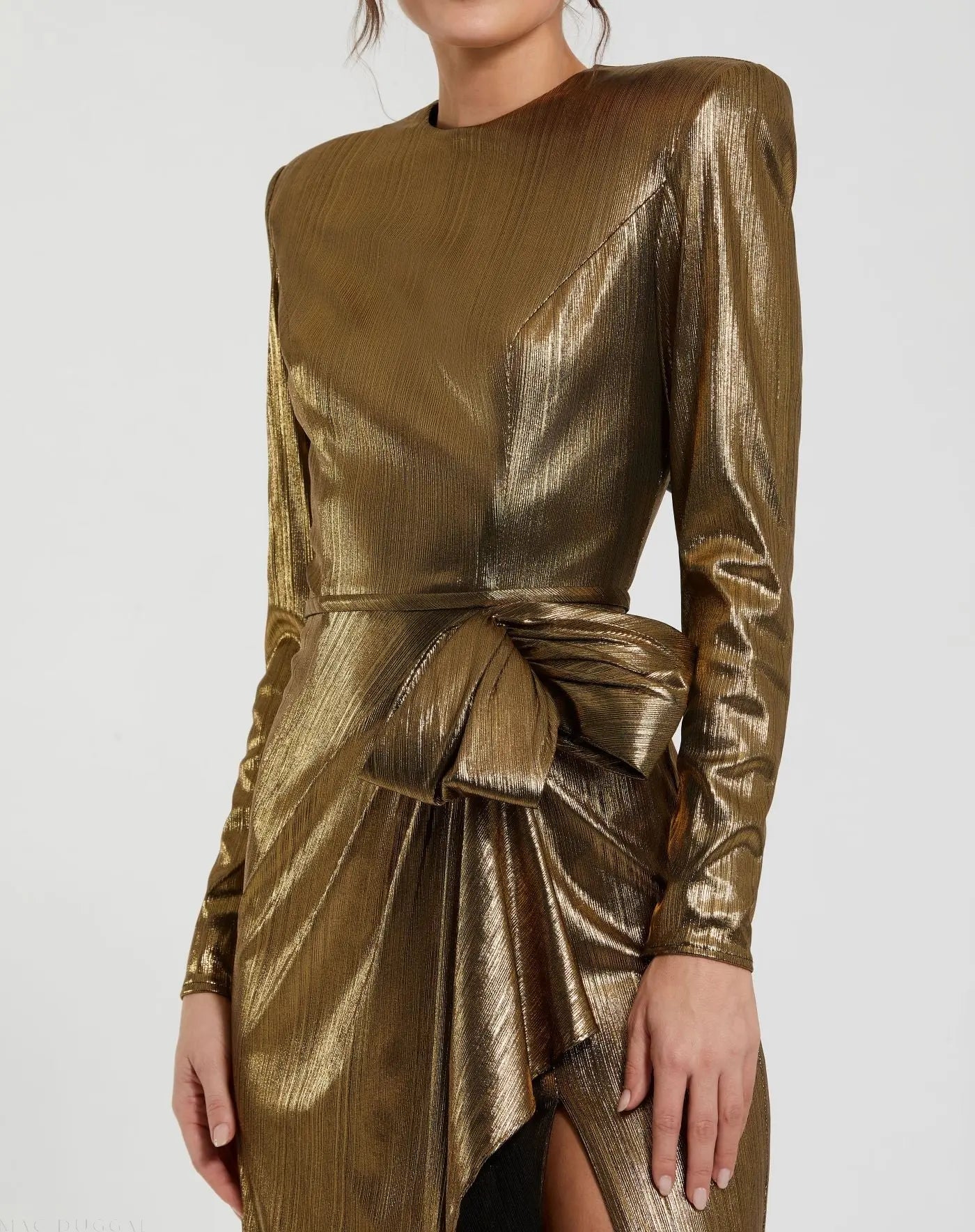 Gold Metallic Long Sleeve Gown With Bow-Myartka