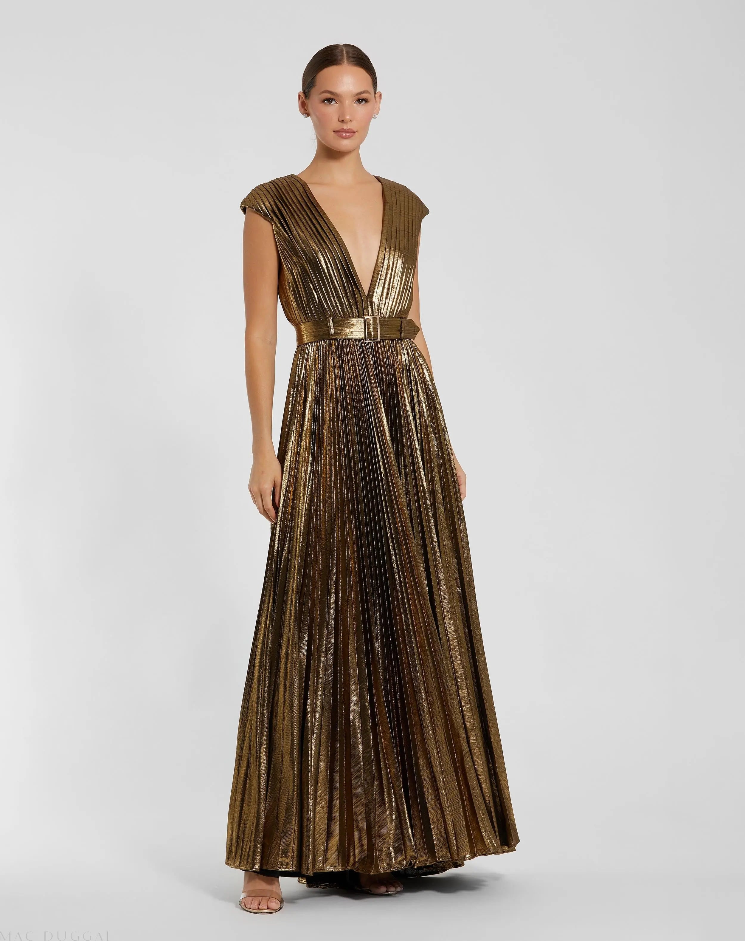Gold Pleated Metallic Jersey Gown With Belt-Myartka