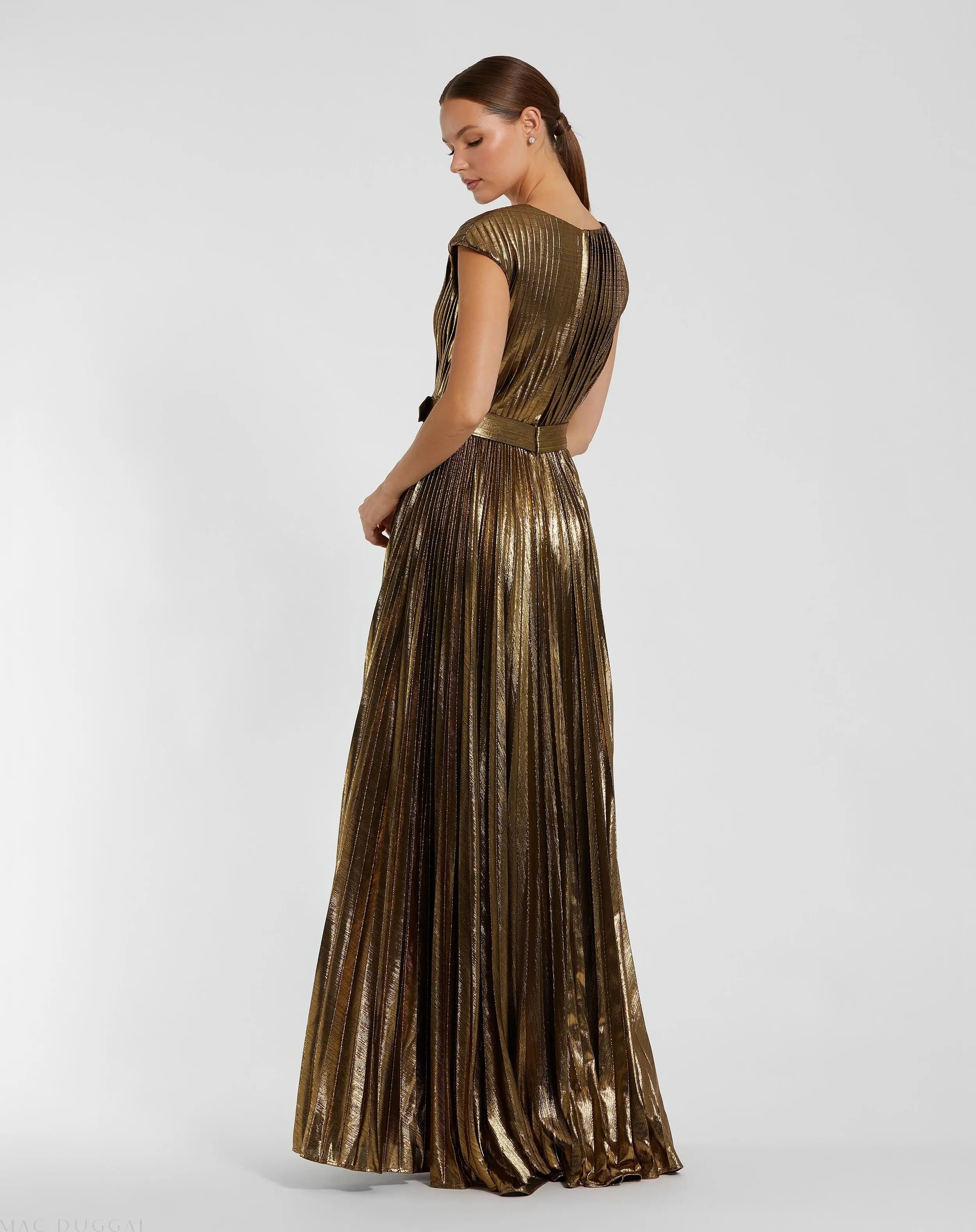 Gold Pleated Metallic Jersey Gown With Belt-Myartka
