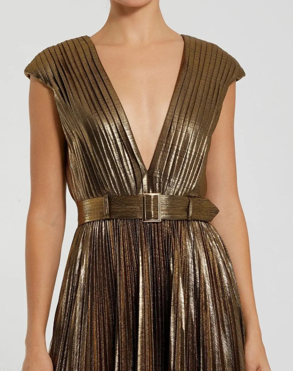 Gold Pleated Metallic Jersey Gown With Belt-Myartka