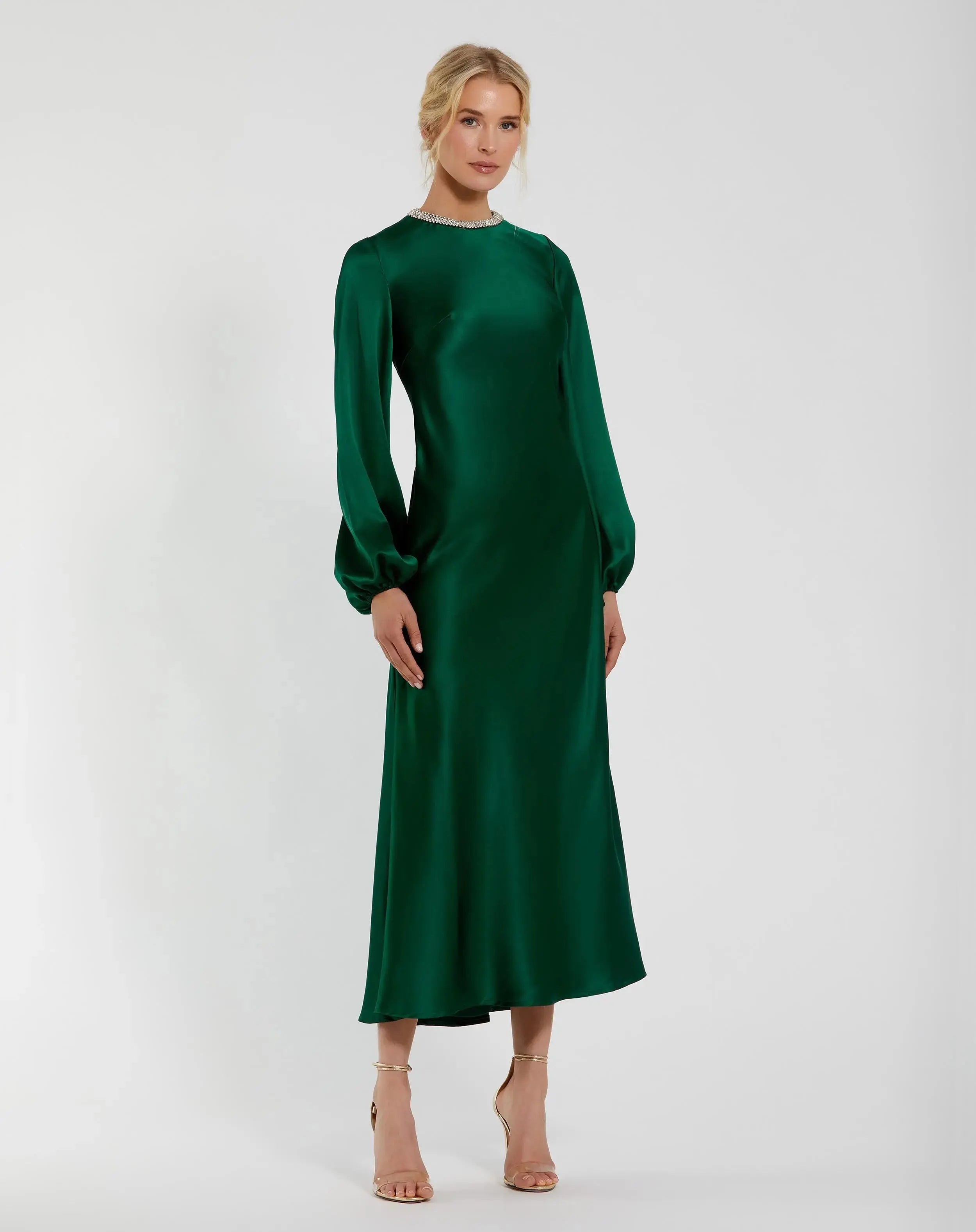 Green High Neck Long Sleeve Crystal Detail Dress-Myartka