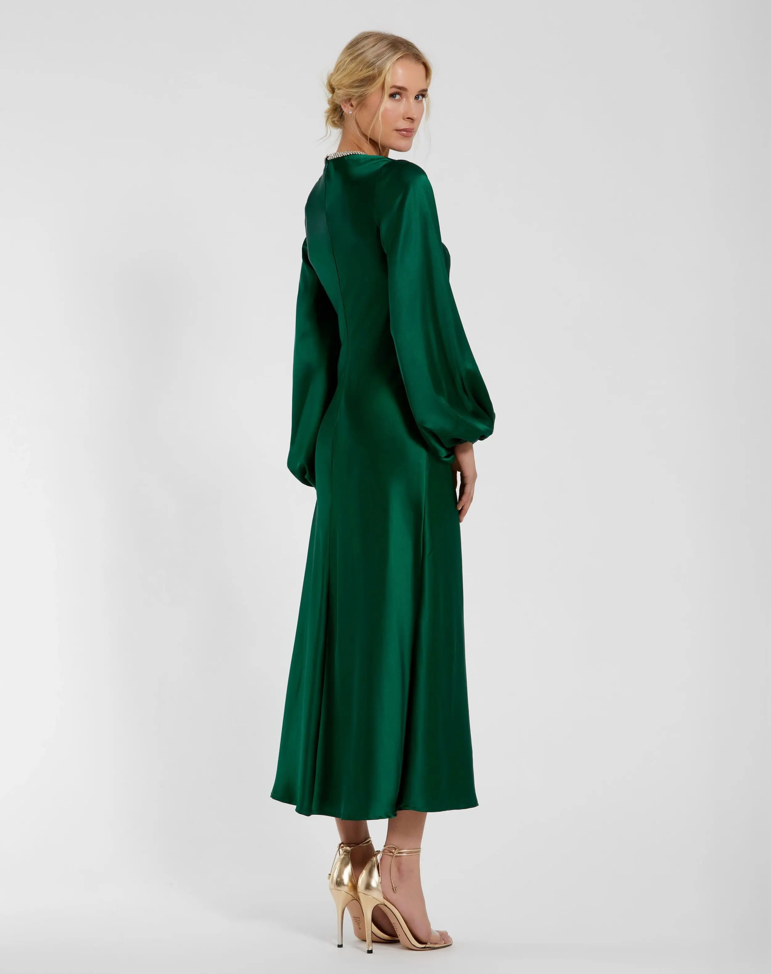 Green High Neck Long Sleeve Crystal Detail Dress-Myartka