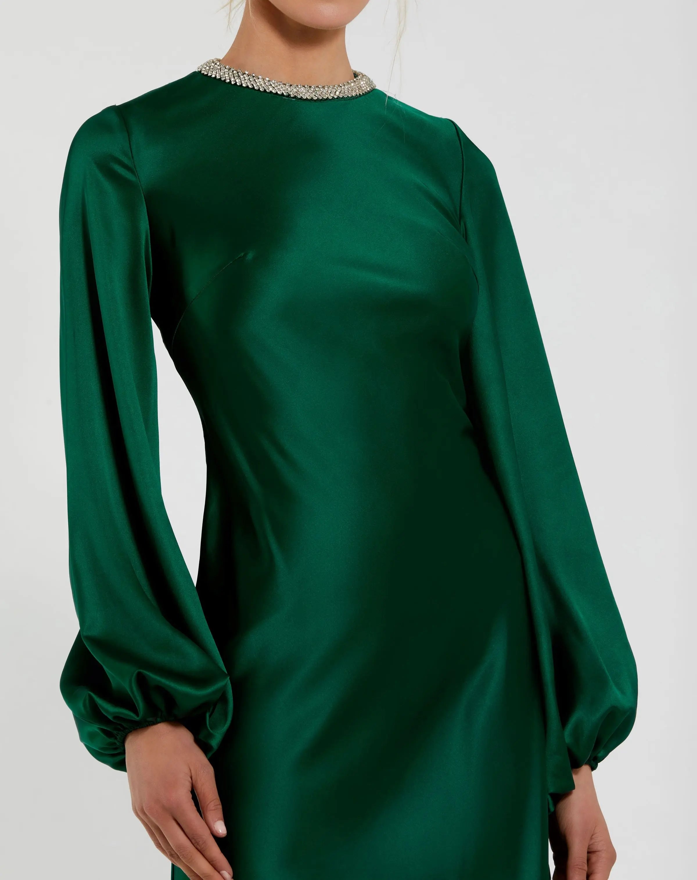 Green High Neck Long Sleeve Crystal Detail Dress-Myartka