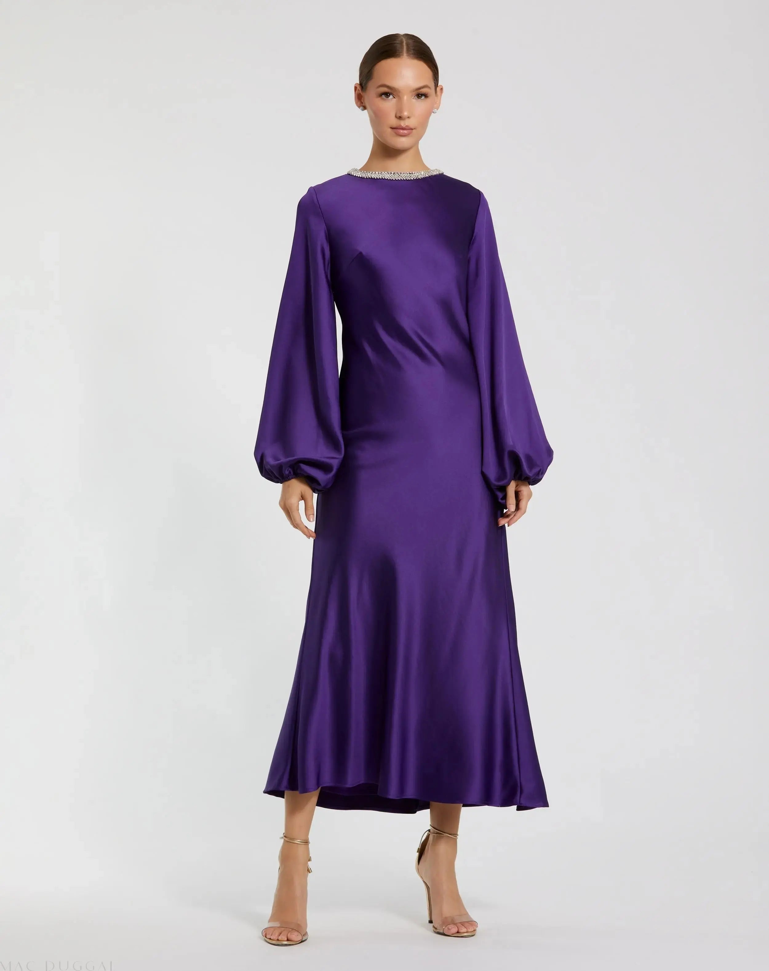 High Neck Long Sleeve Crystal Detail Dress-Myartka