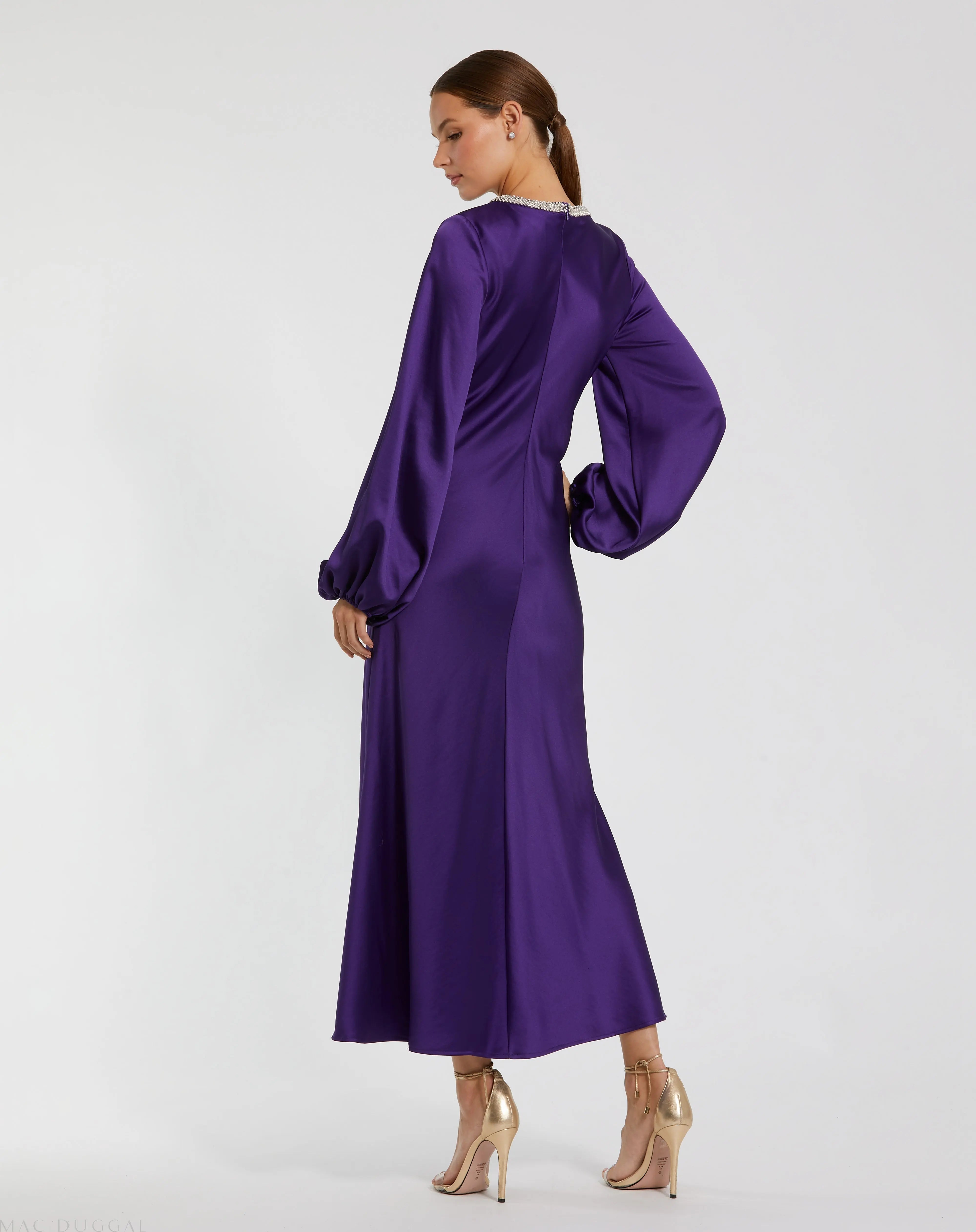 Purple High Neck Long Sleeve Crystal Detail Dress-Myartka