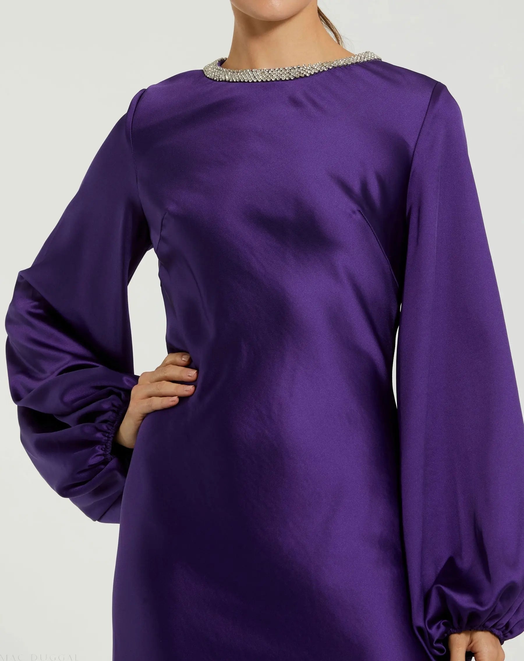 Purple High Neck Long Sleeve Crystal Detail Dress-Myartka