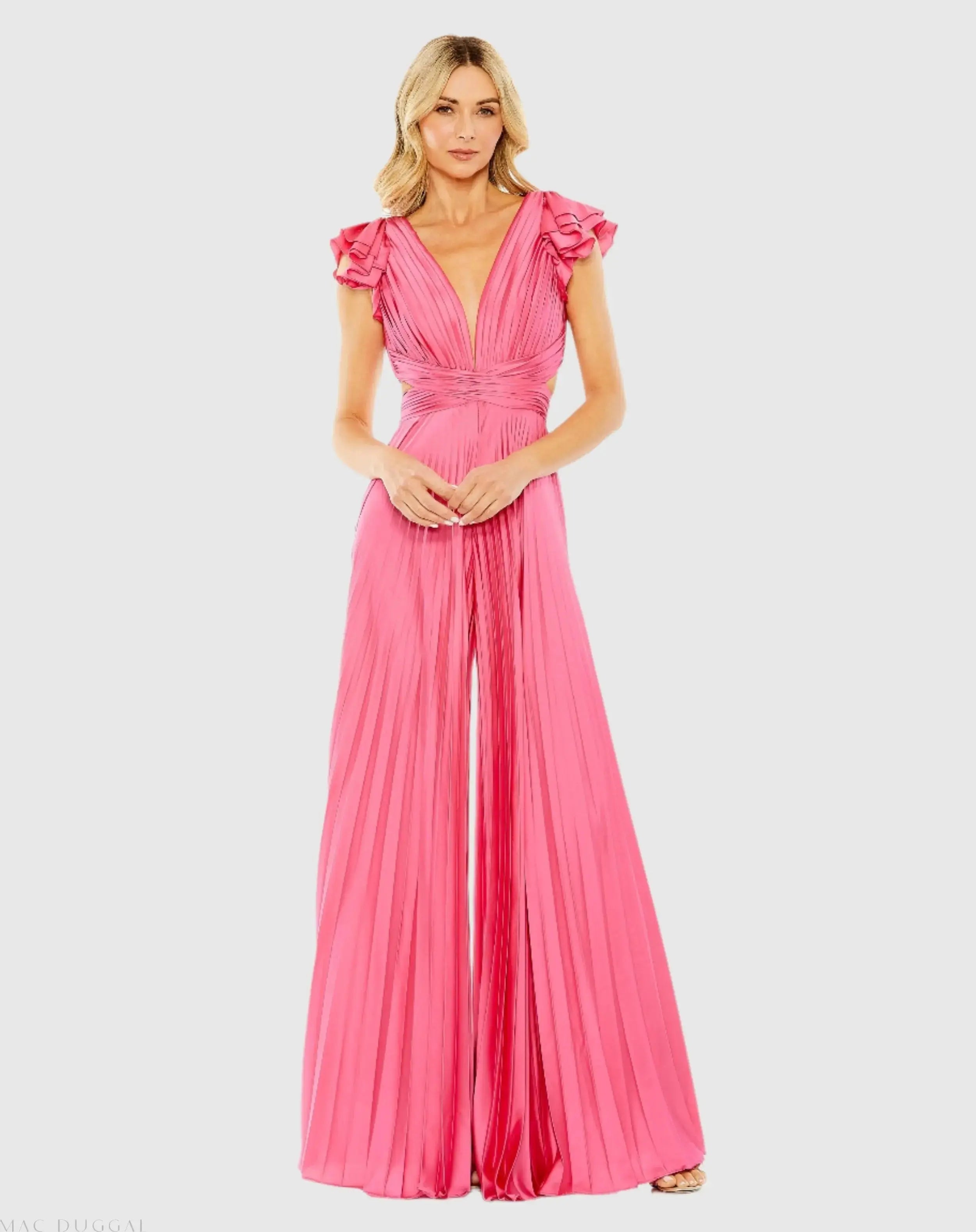Pink Ruffle Cap Sleeve Cutout Heat Pleated Jumpsuit-Myartka