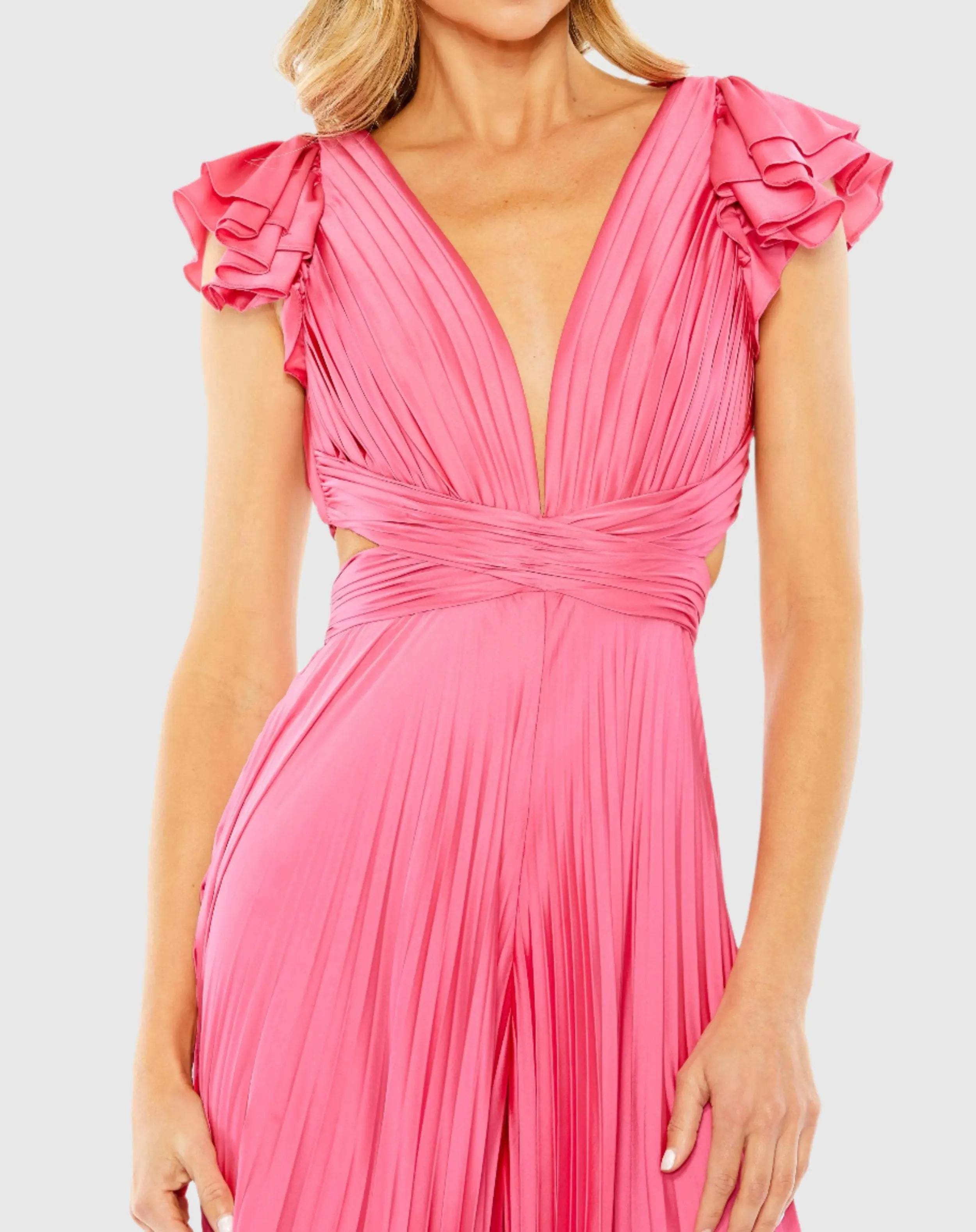 Pink Ruffle Cap Sleeve Cutout Heat Pleated Jumpsuit-Myartka