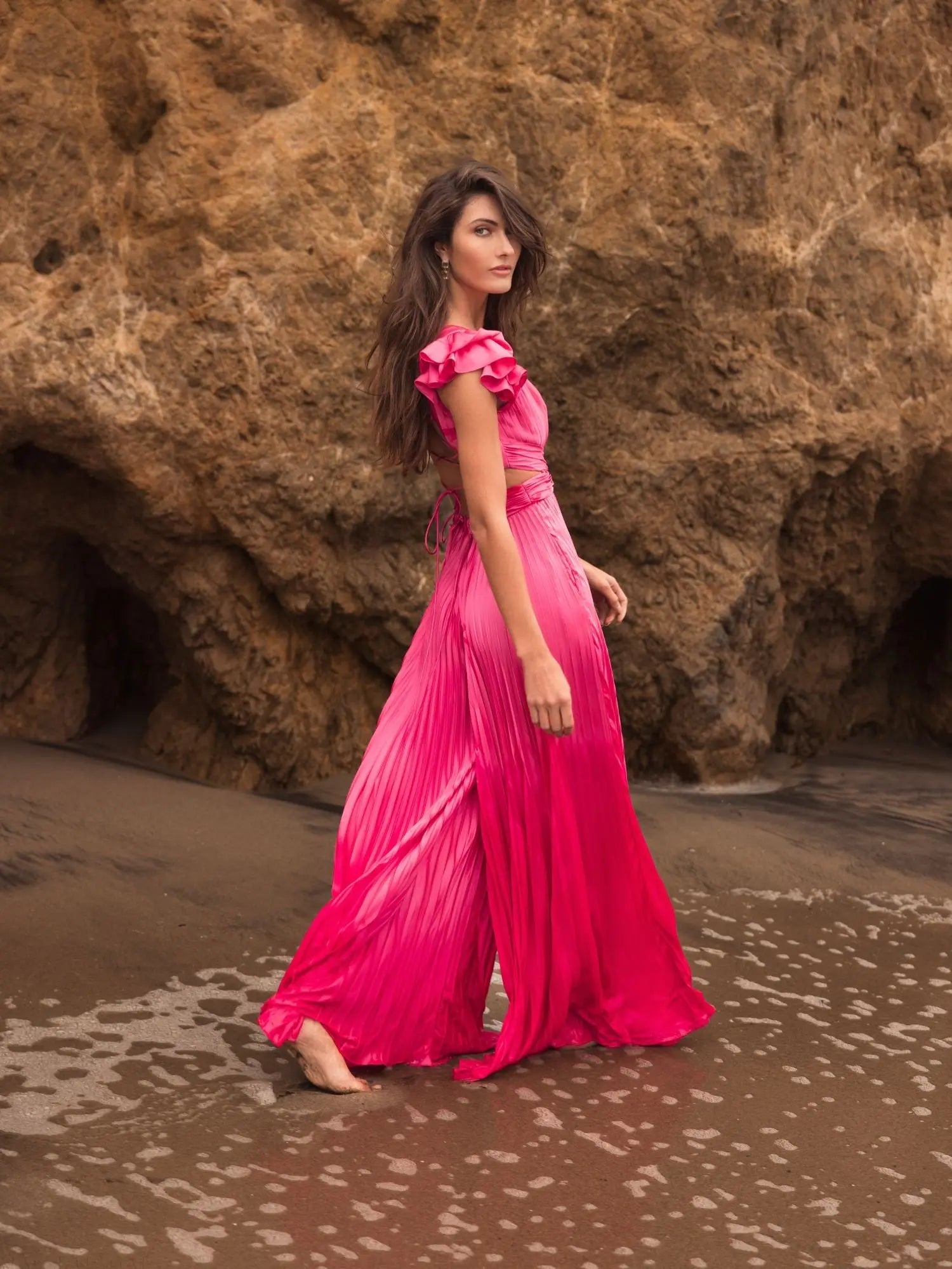 Pink Ruffle Cap Sleeve Cutout Heat Pleated Jumpsuit-Myartka