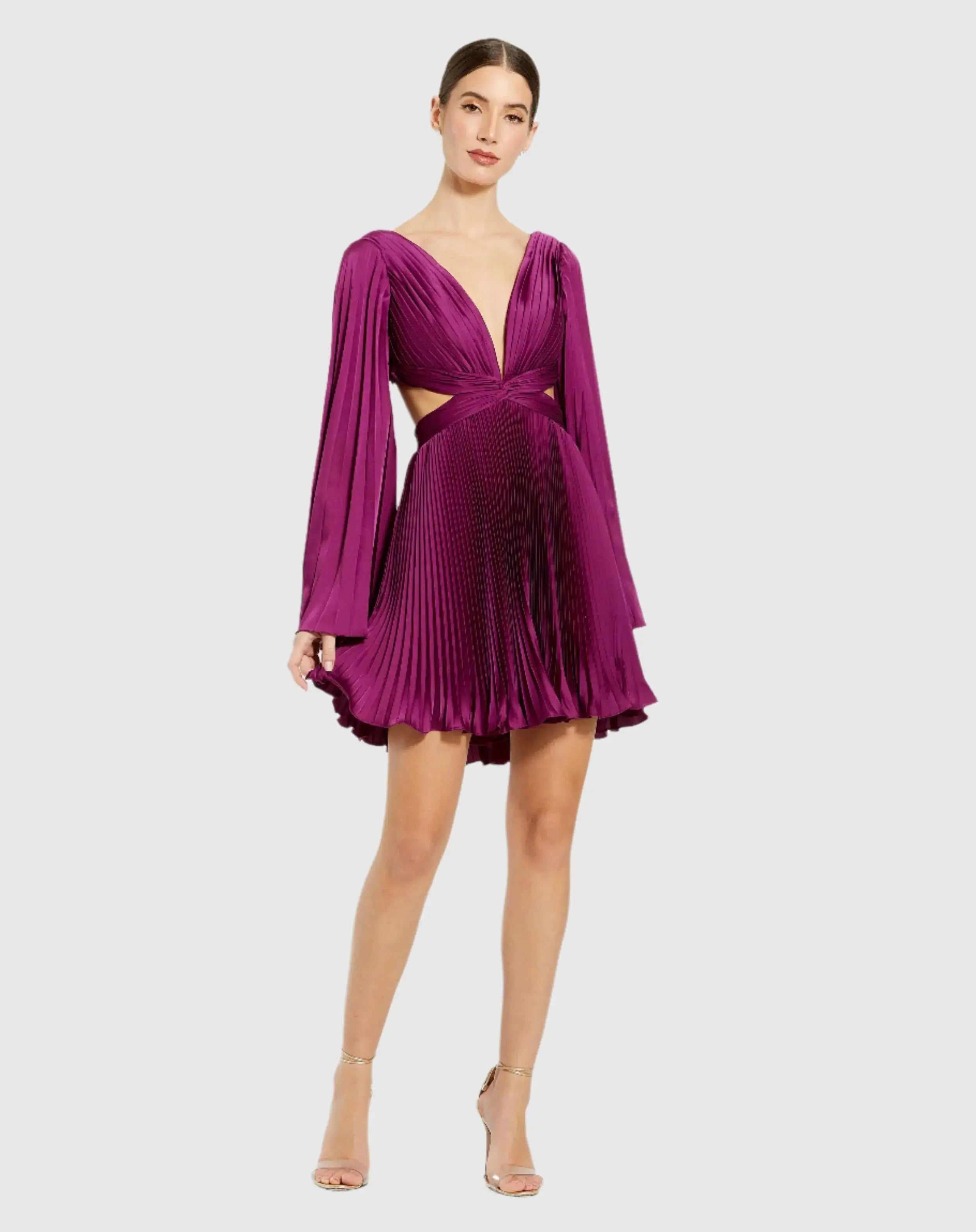 Pleated V-Neck Cutout Long Sleeve Mini Dress-Myartka