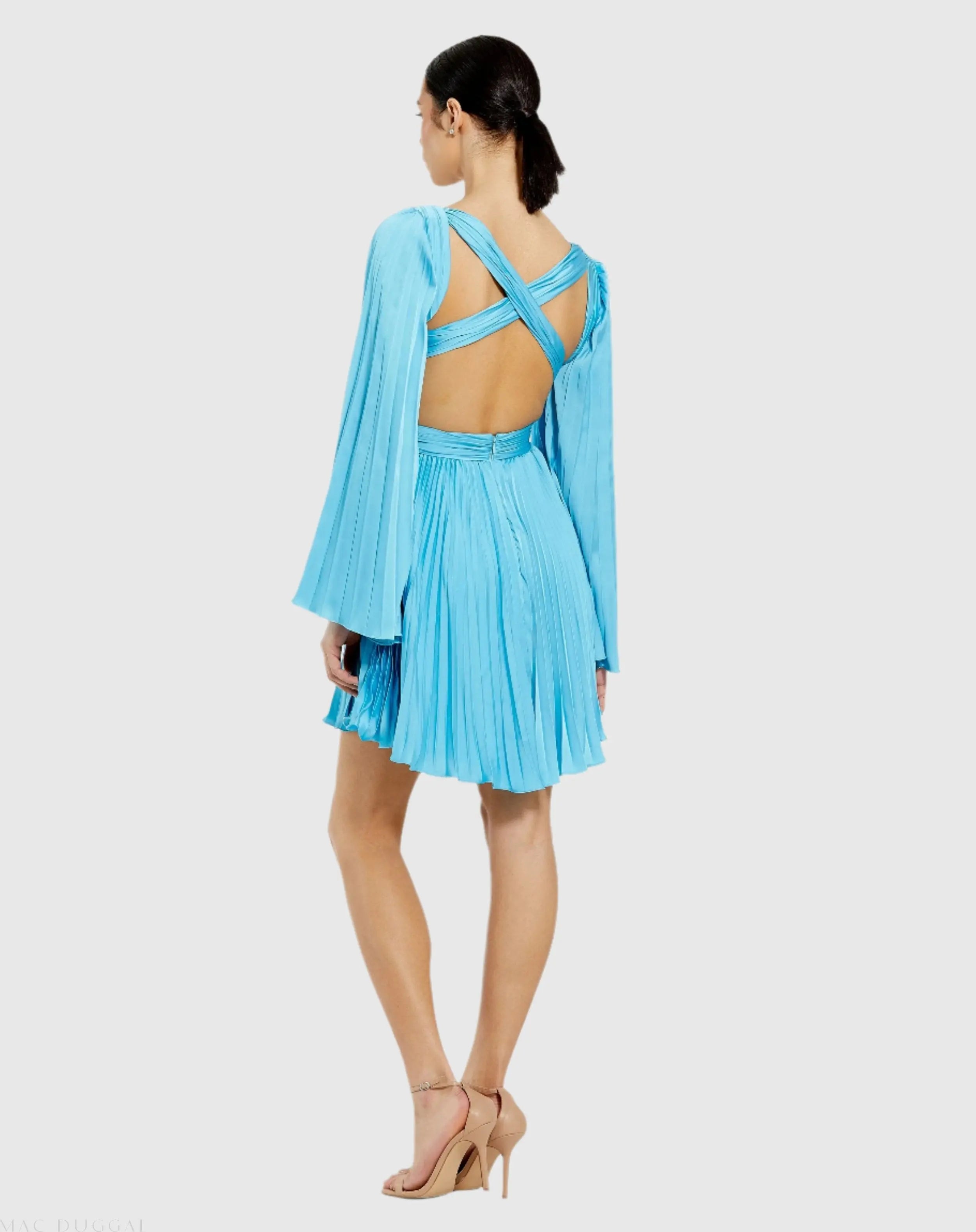 Blue Pleated V-Neck Cutout Long Sleeve Mini Dress-Myartka