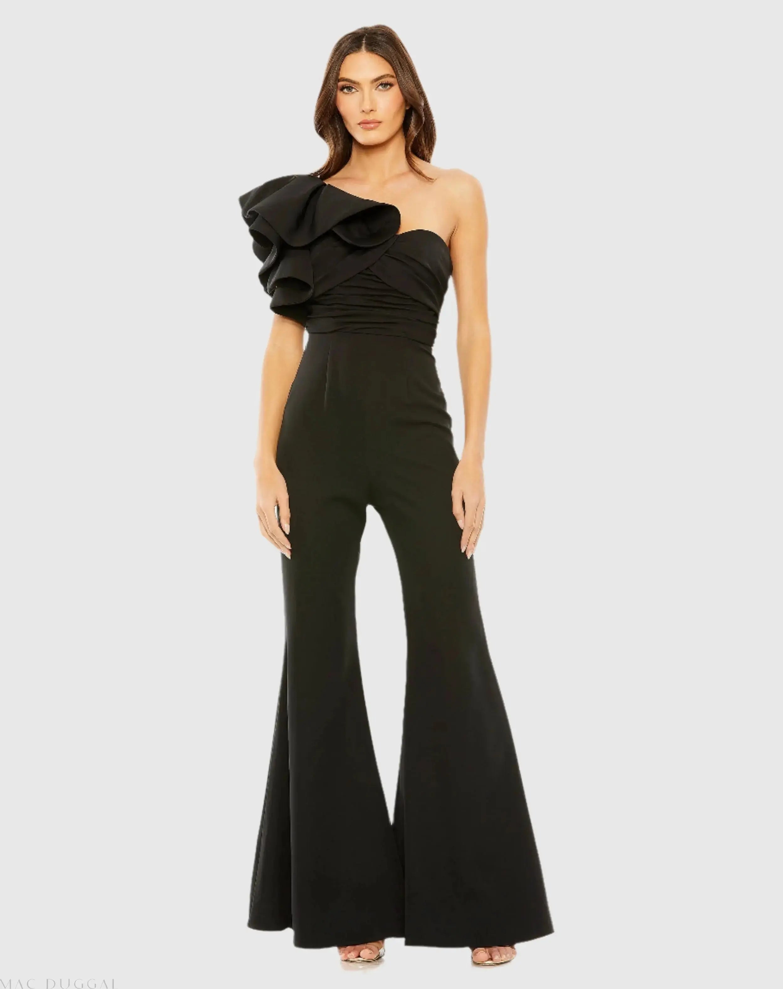 Black One Shoulder Ruffle Detail Flare Pant Jumpsuit - FINAL SALE-Myartka