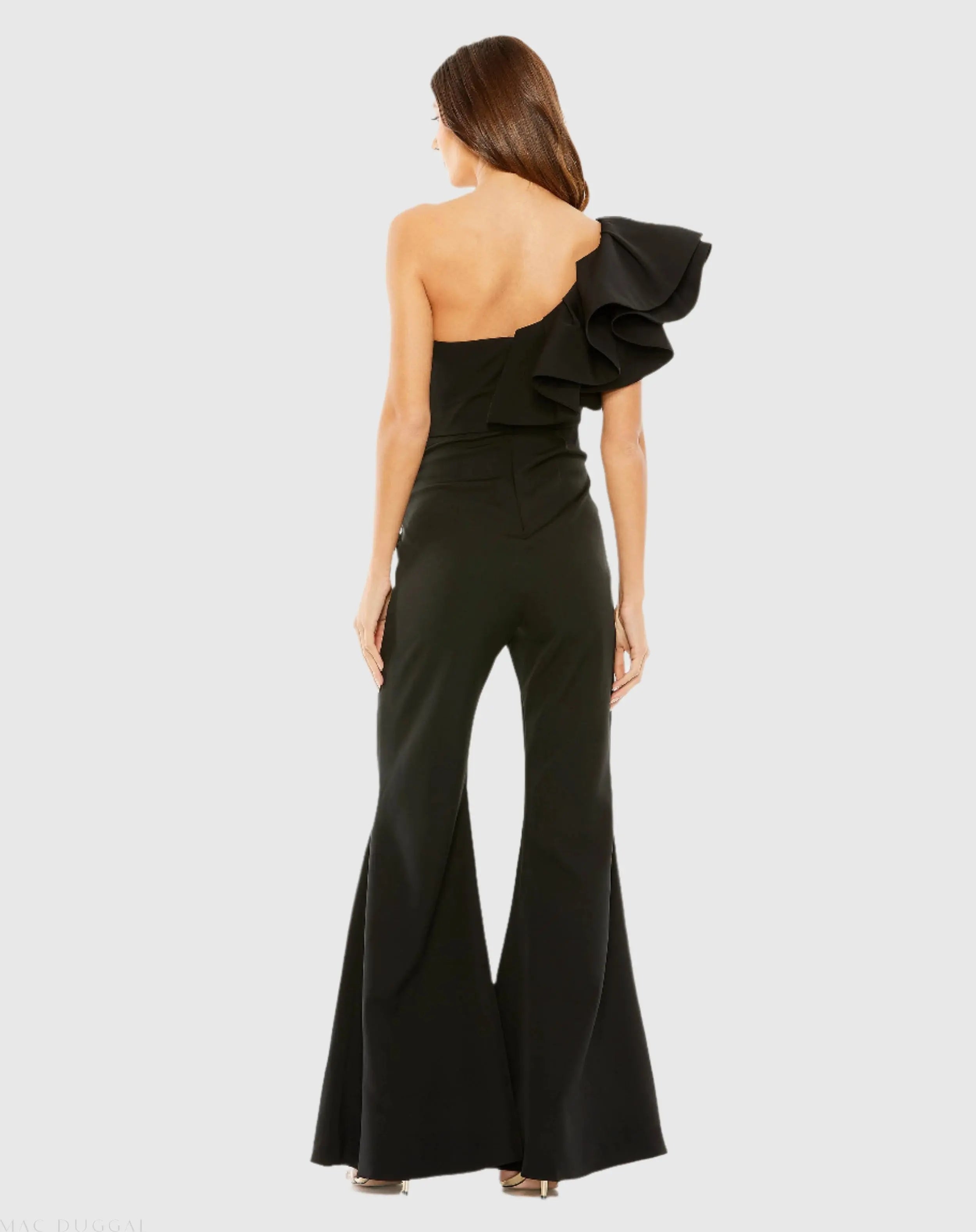 Black One Shoulder Ruffle Detail Flare Pant Jumpsuit - FINAL SALE-Myartka