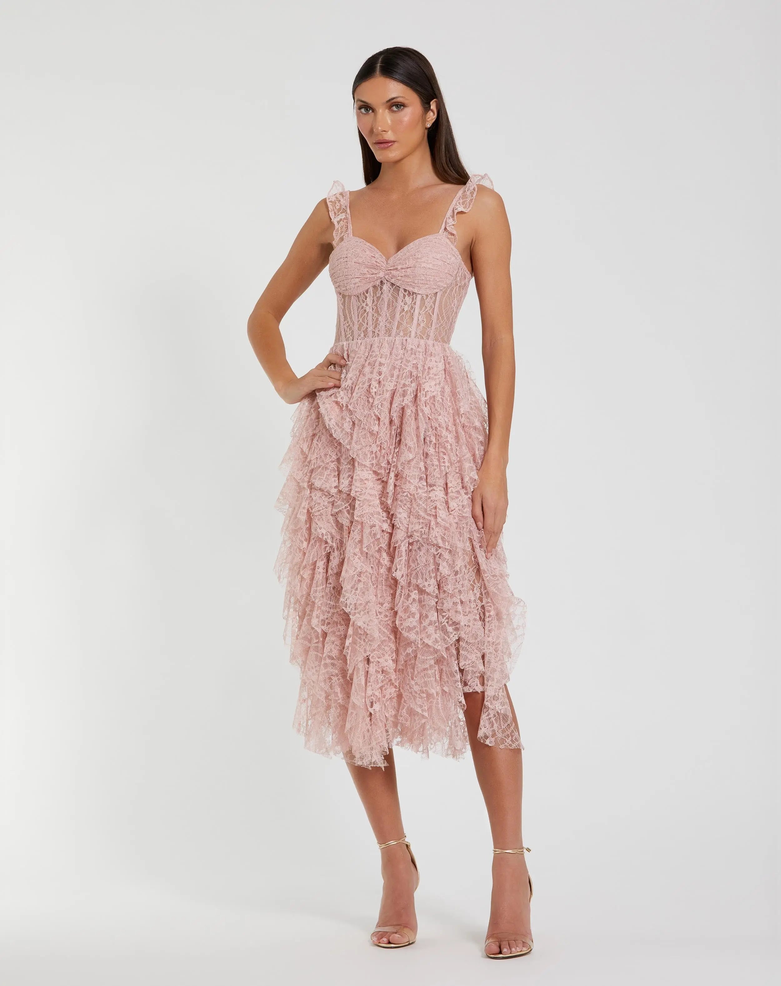 Pink Lace Ruffle Tiered Midi Dress-Myartka