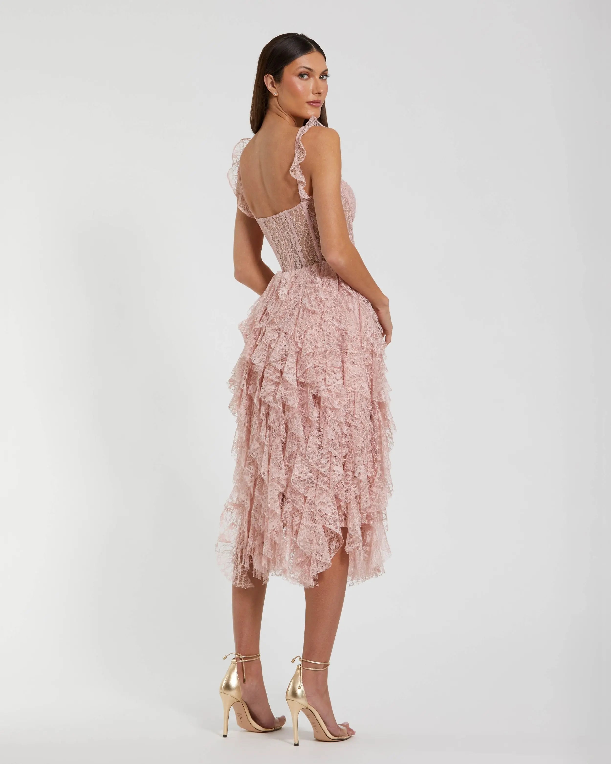 Pink Lace Ruffle Tiered Midi Dress-Myartka
