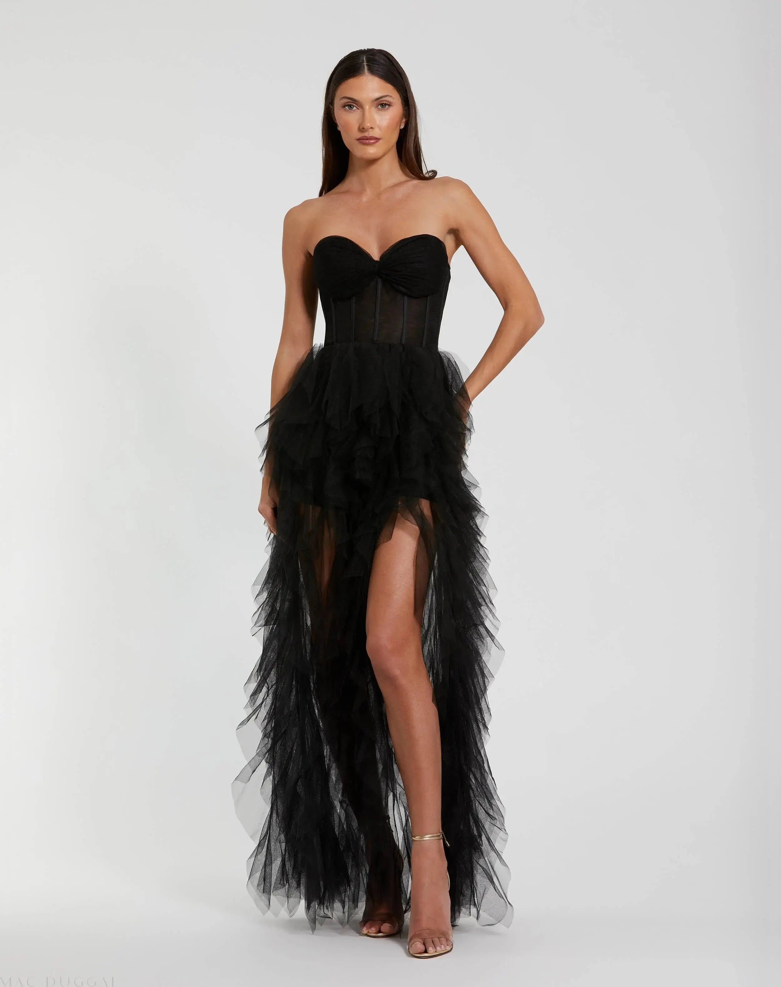 Black Strapless Bustier Net Gown With Spiral Ruffles-Myartka