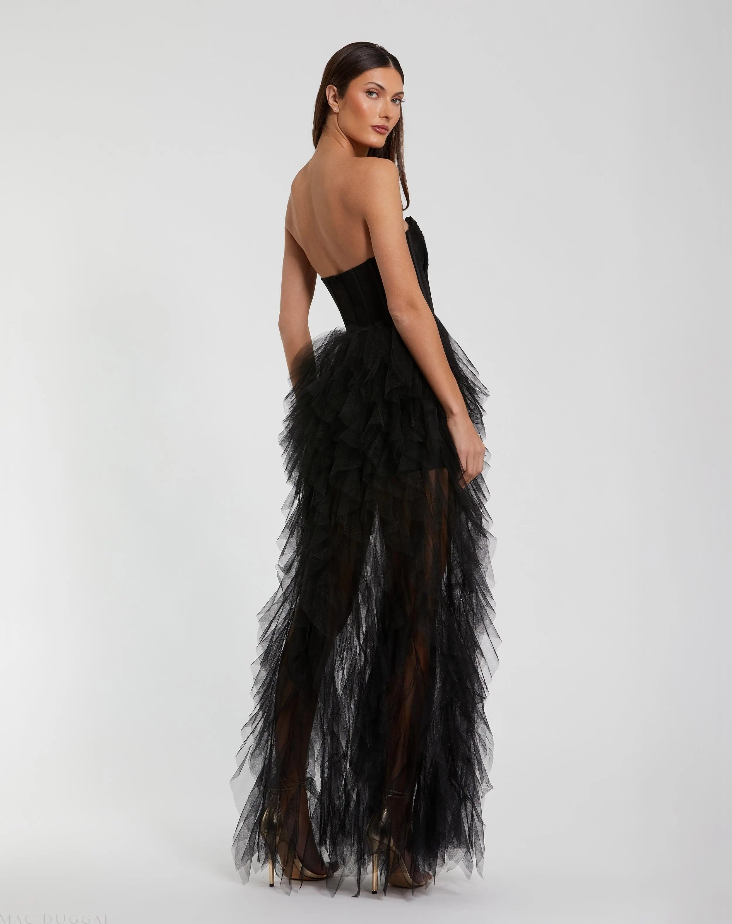 Black Strapless Bustier Net Gown With Spiral Ruffles-Myartka